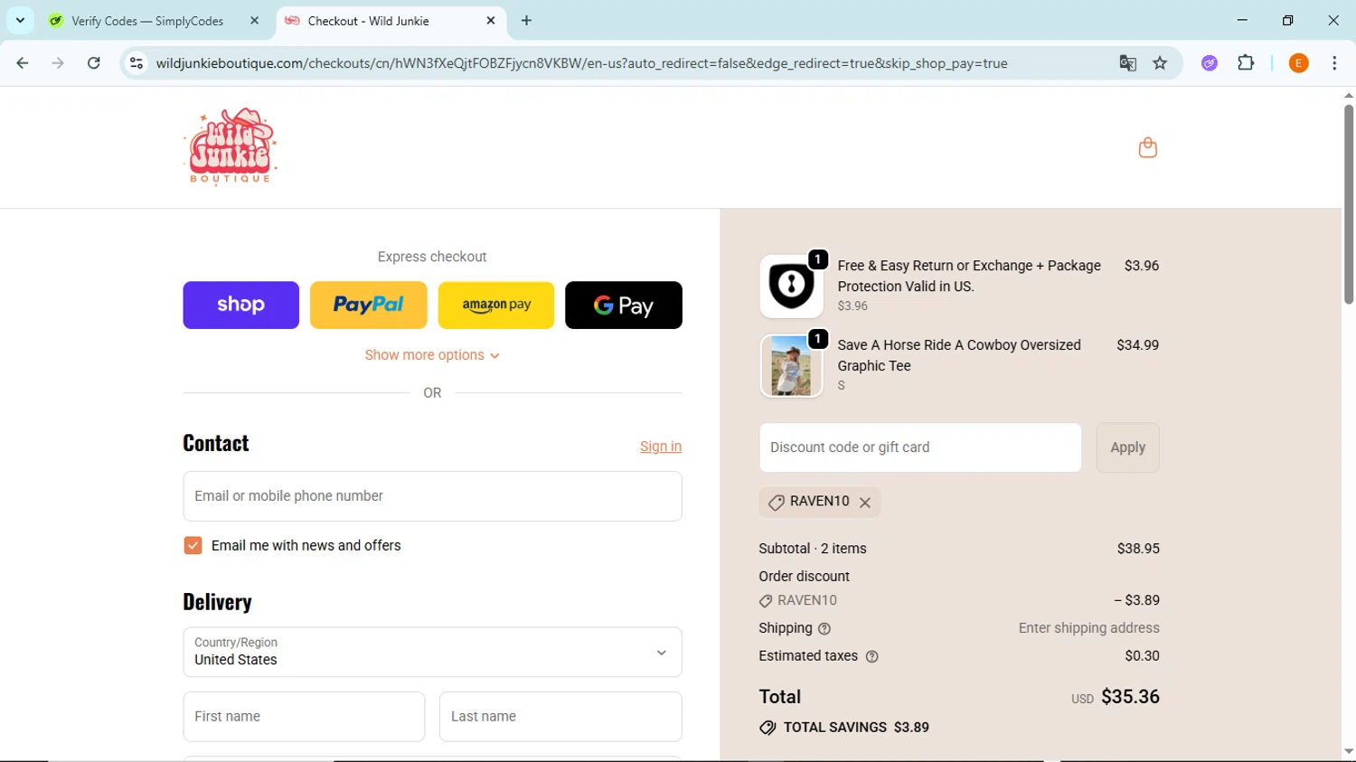 Wild Junkie promo code screenshot showing code Raven10 applied at Wild Junkie checkout page. Uploaded by SimplyCodes community member BudgetFox5491 on Oct 3, 2025