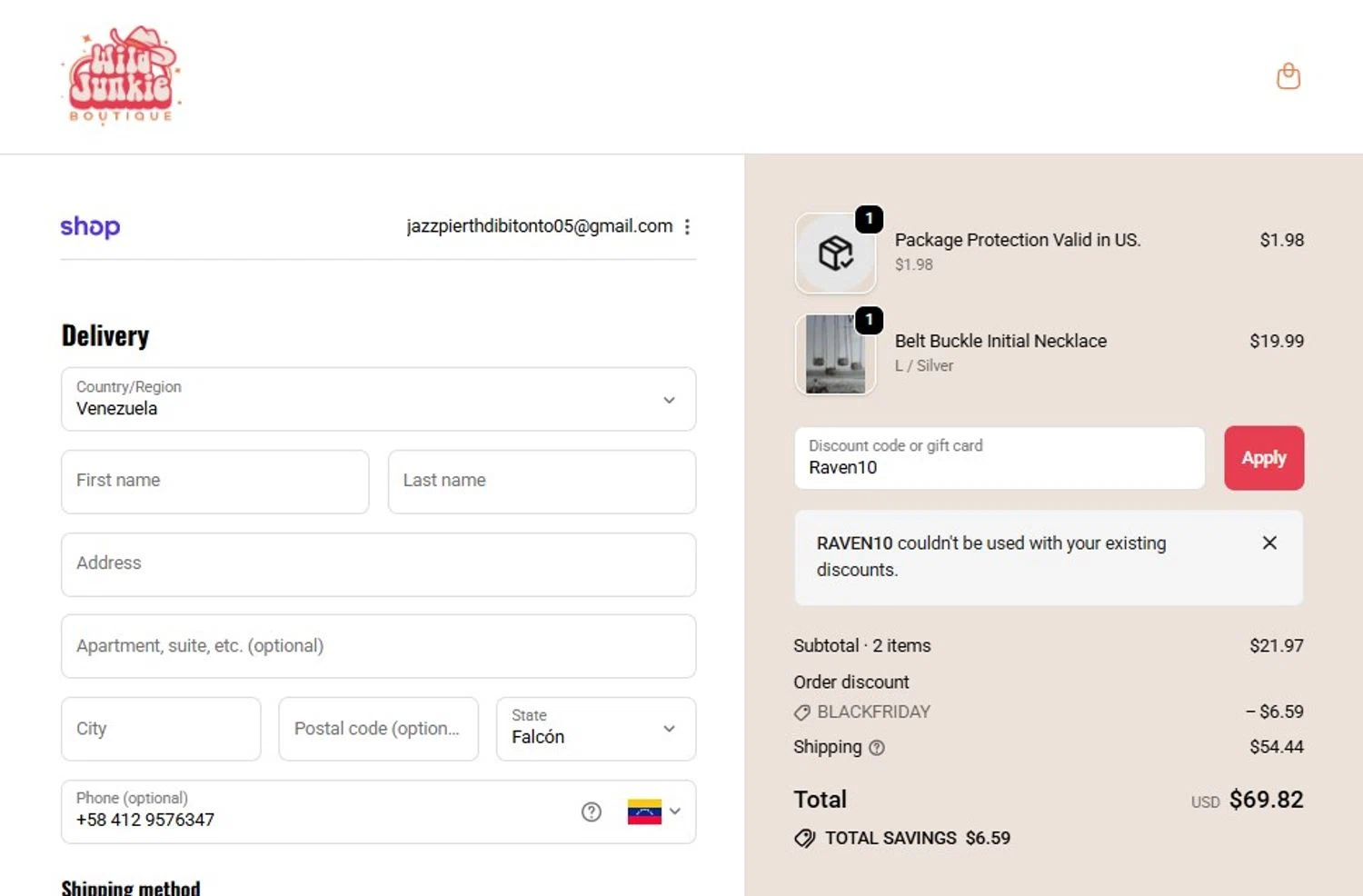 Wild Junkie promo code screenshot showing code Raven10 applied at Wild Junkie checkout page. Uploaded by SimplyCodes community member FortunateScholar5901 on Dec 5, 2025
