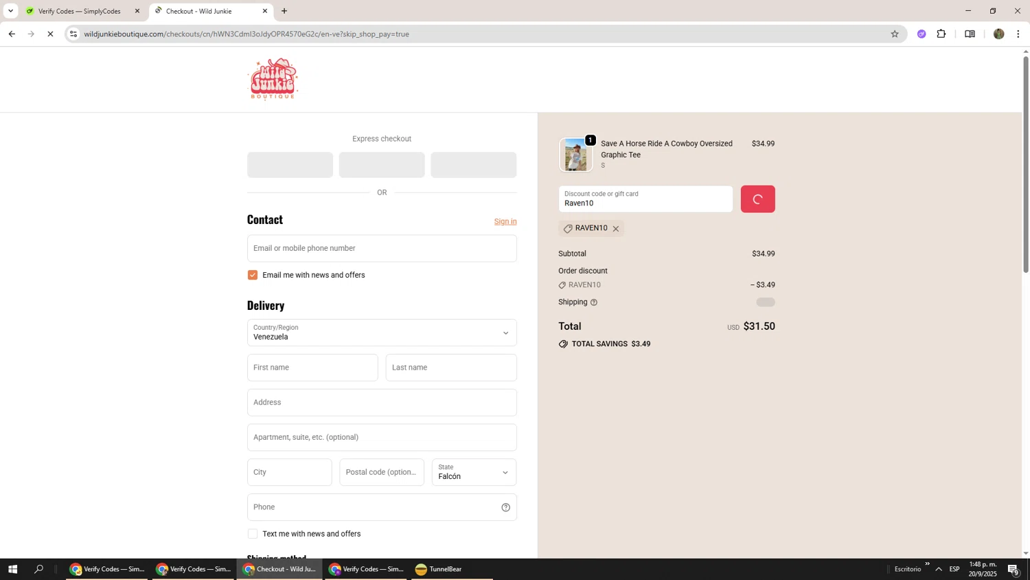 Wild Junkie promo code screenshot showing code Raven10 applied at Wild Junkie checkout page. Uploaded by SimplyCodes community member Phoenix585 on Sep 20, 2025