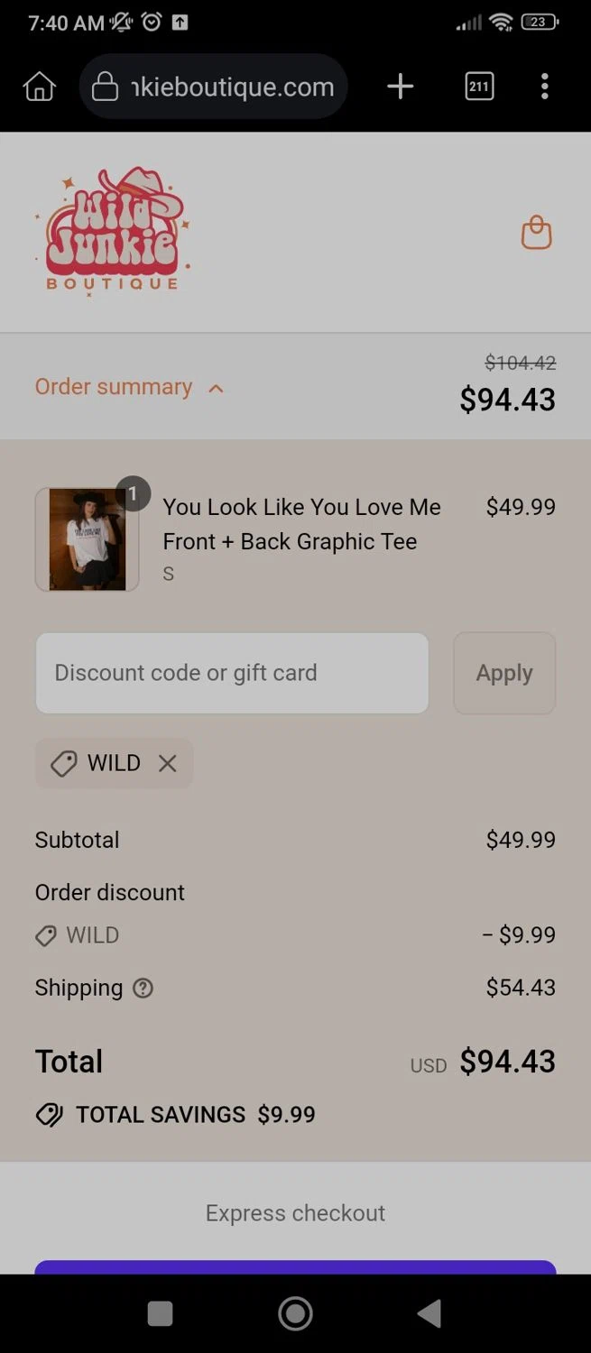 Wild Junkie promo code screenshot showing code WILD applied at Wild Junkie checkout page. Uploaded by SimplyCodes community member User07 on Aug 3, 2025