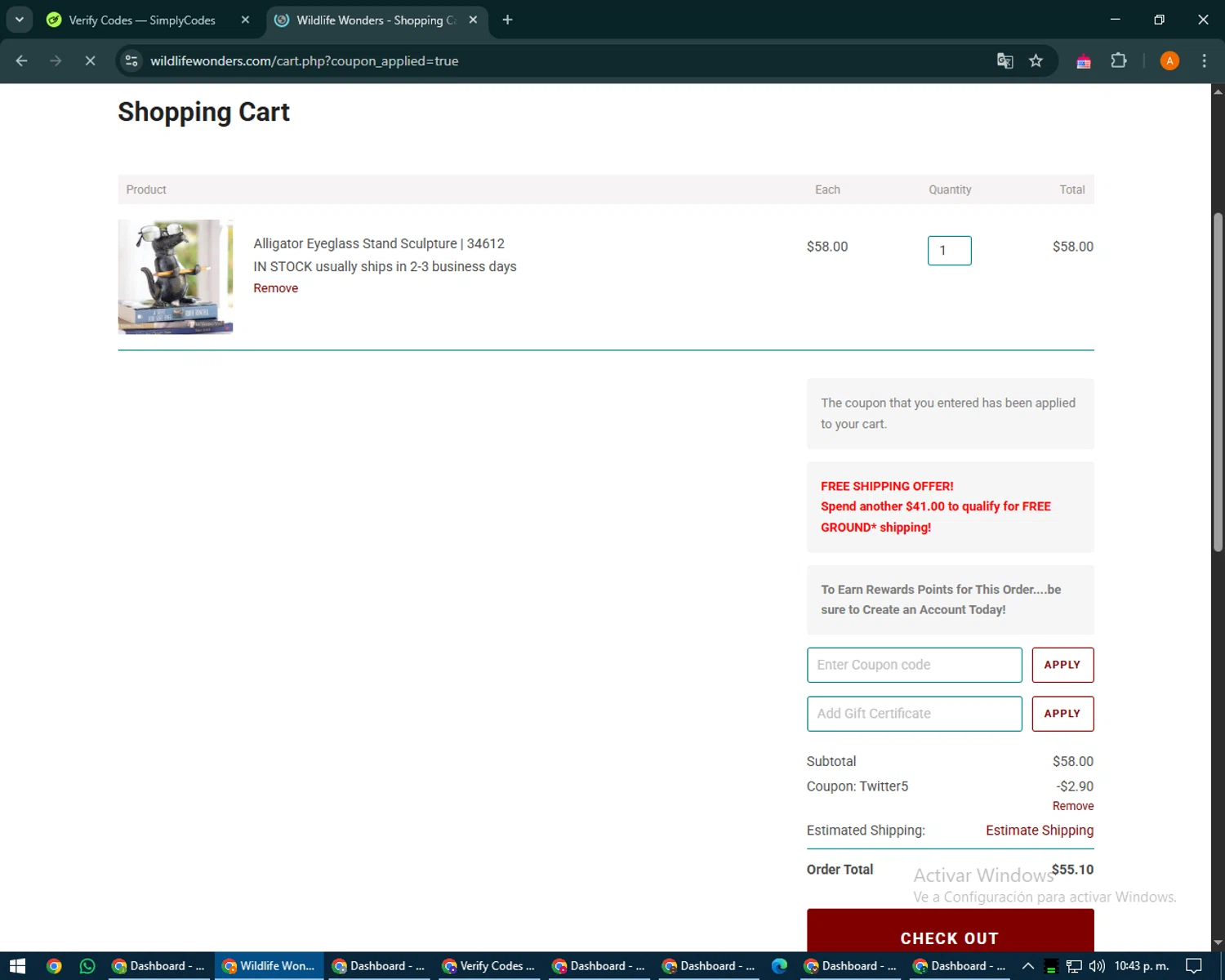 Wildlife Wonders coupon code screenshot showing code TWITTER5 applied at Wildlife Wonders checkout page. Uploaded by SimplyCodes community member MoneyPhoenix4664 on May 11, 2025