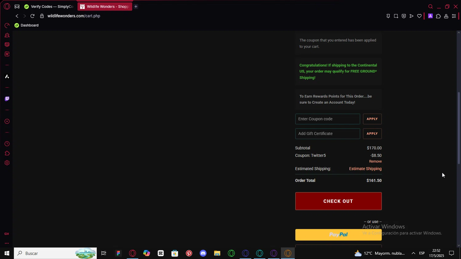 Wildlife Wonders coupon code screenshot showing code TWITTER5 applied at Wildlife Wonders checkout page. Uploaded by SimplyCodes community member FortunateHawk6980 on May 18, 2025