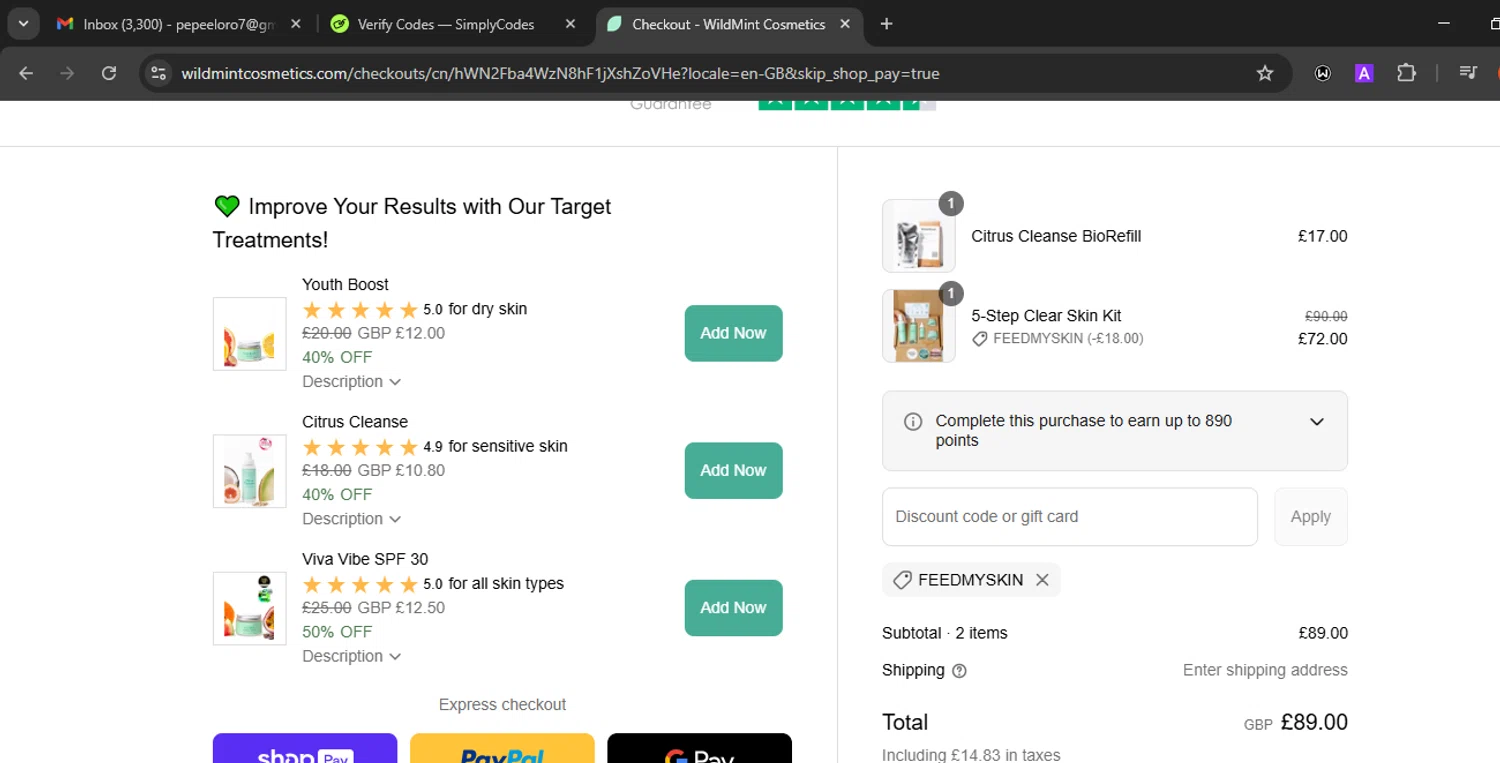 Wild Mint Cosmetics discount code screenshot showing code FEEDMYSKIN applied at Wild Mint Cosmetics checkout page. Uploaded by SimplyCodes community member Eminem on Aug 26, 2025