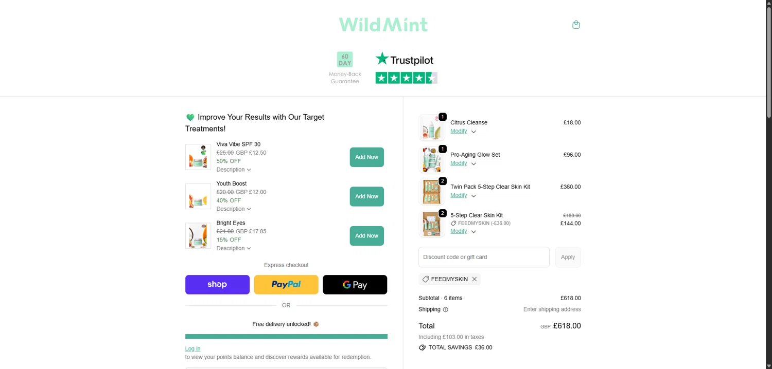 Wild Mint Cosmetics discount code screenshot showing code FEEDMYSKIN applied at Wild Mint Cosmetics checkout page. Uploaded by SimplyCodes community member EpicGuardian2592 on Oct 3, 2025