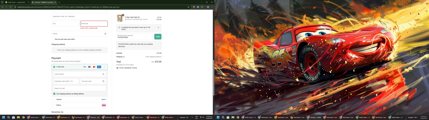 Wild Mint Cosmetics discount code screenshot showing code FEEDMYSKIN applied at Wild Mint Cosmetics checkout page. Uploaded by SimplyCodes community member PennyWizard1195 on Aug 30, 2025