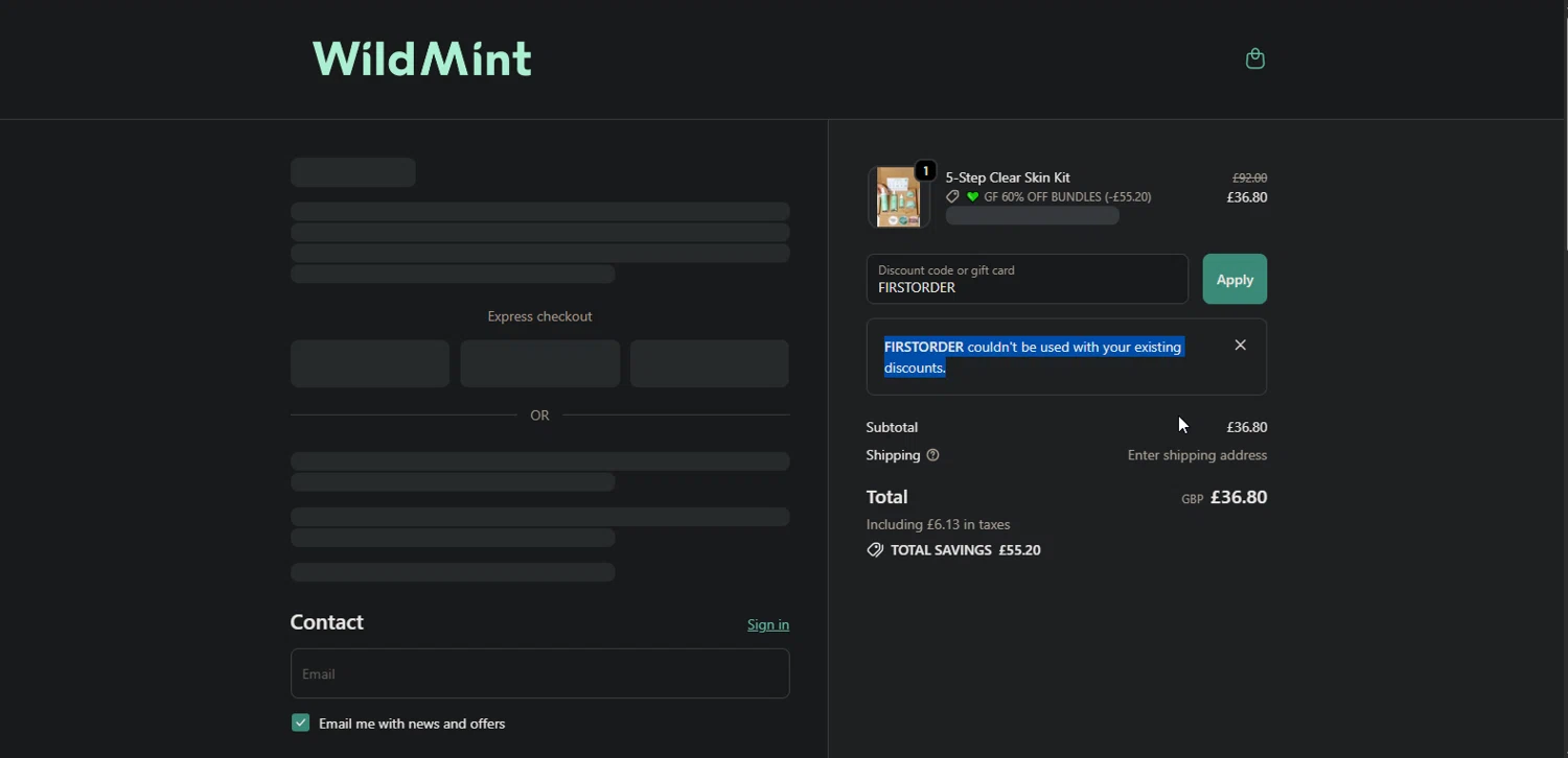 Wild Mint Cosmetics discount code screenshot showing code FIRSTORDER applied at Wild Mint Cosmetics checkout page. Uploaded by SimplyCodes community member Nor_man on Nov 14, 2025
