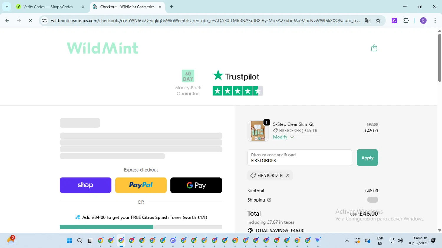 Wild Mint Cosmetics discount code screenshot showing code FIRSTORDER applied at Wild Mint Cosmetics checkout page. Uploaded by SimplyCodes community member SavingsGuardian5156 on Dec 10, 2025
