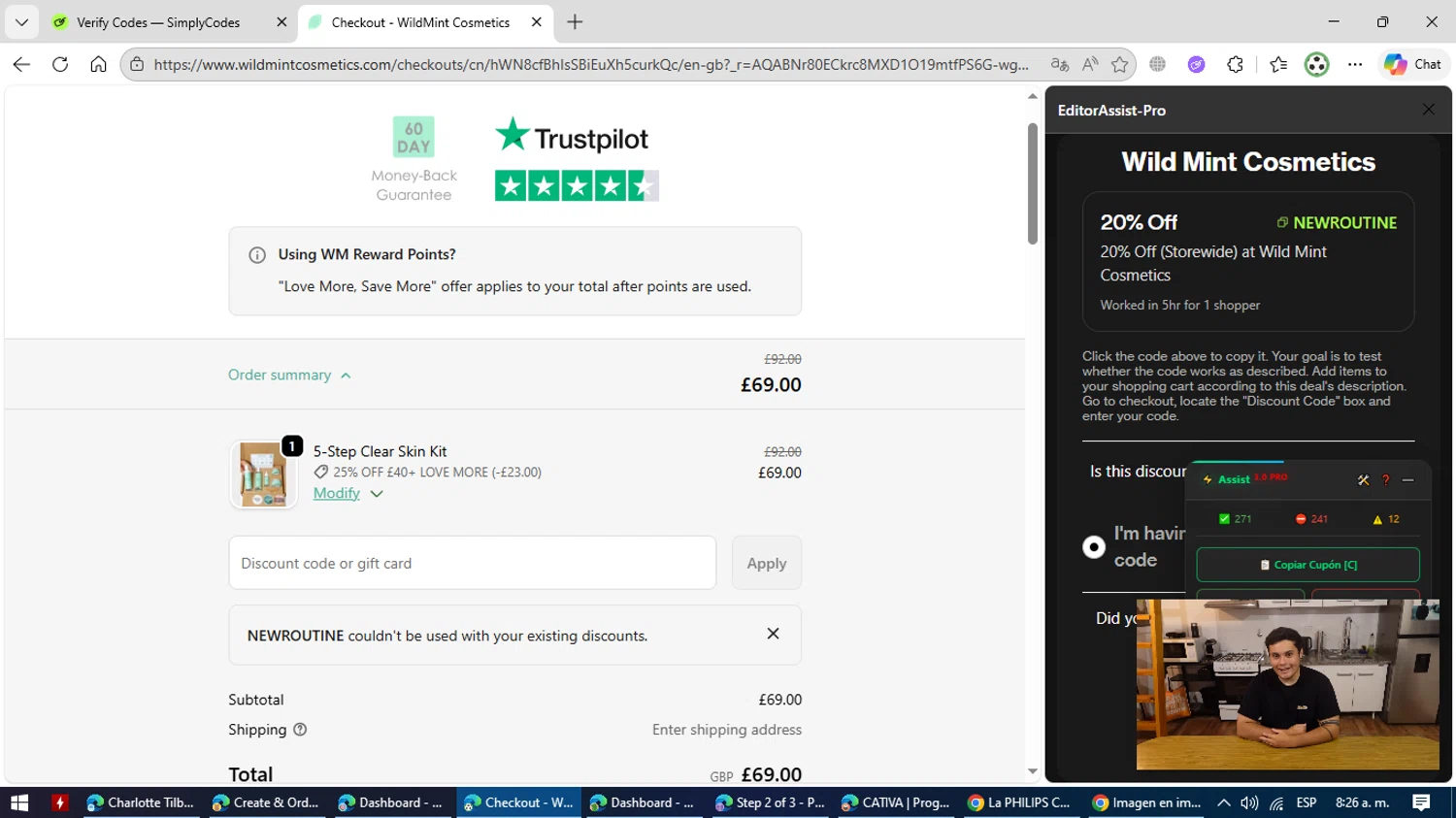 Wild Mint Cosmetics checkout page showing Wild Mint Cosmetics discount code box | Screenshot taken by SimplyCodes community member on Feb 10, 2026