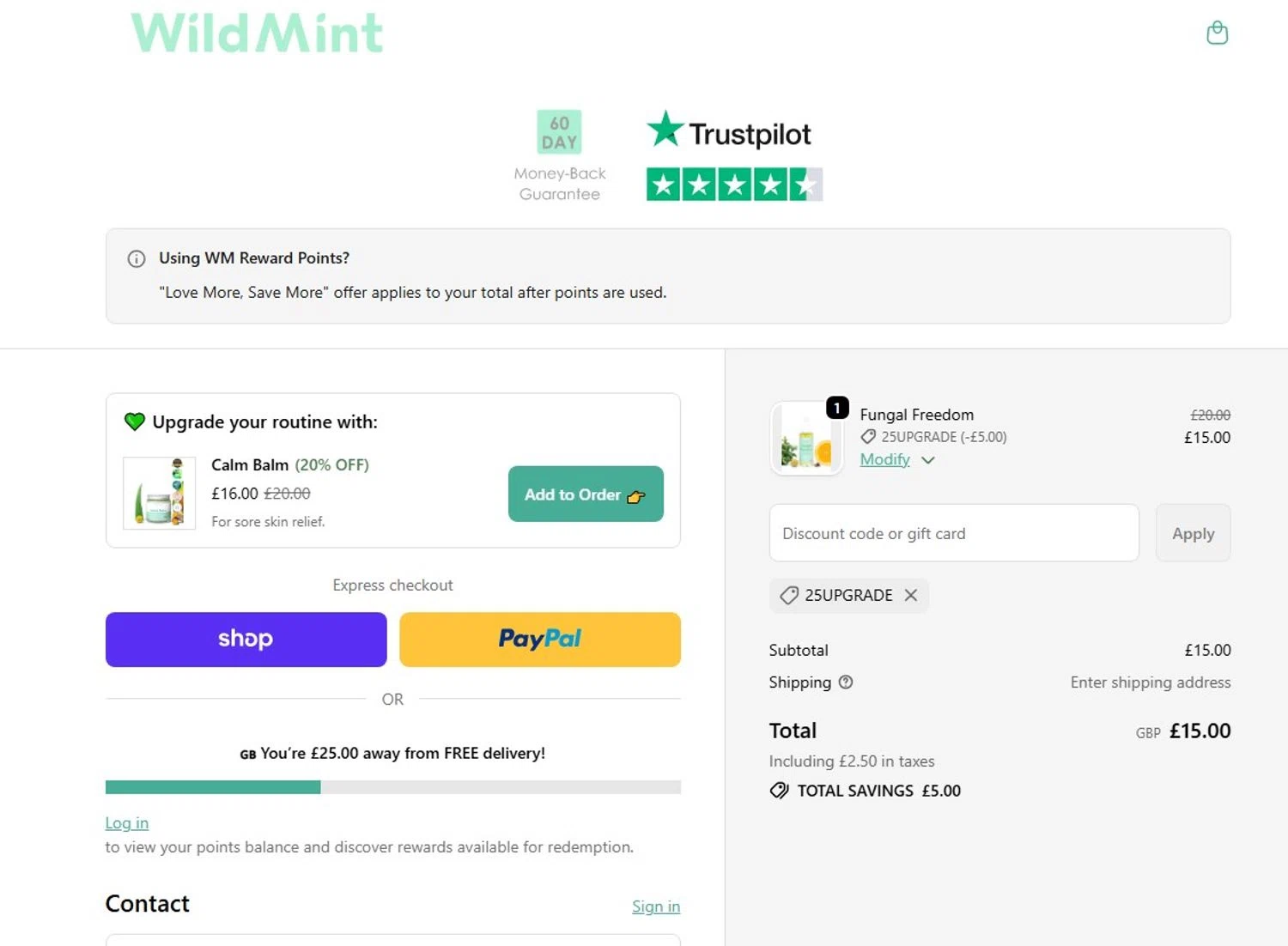 Wild Mint Cosmetics discount code screenshot showing code 25UPGRADE applied at Wild Mint Cosmetics checkout page. Uploaded by SimplyCodes community member angelfigueroa2008 on Feb 10, 2026