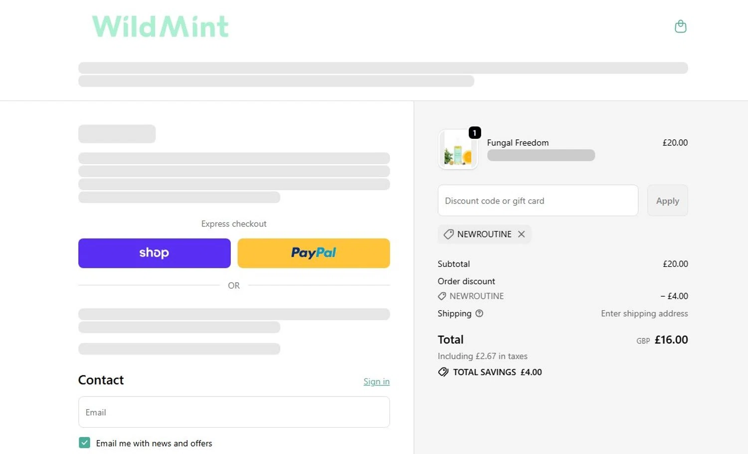 Wild Mint Cosmetics discount code screenshot showing code NEWROUTINE applied at Wild Mint Cosmetics checkout page. Uploaded by SimplyCodes community member angelfigueroa2008 on Feb 10, 2026