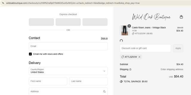 Wild Oak Boutique checkout page showing Wild Oak Boutique discount code box | Screenshot taken by SimplyCodes community member on Sep 10, 2025