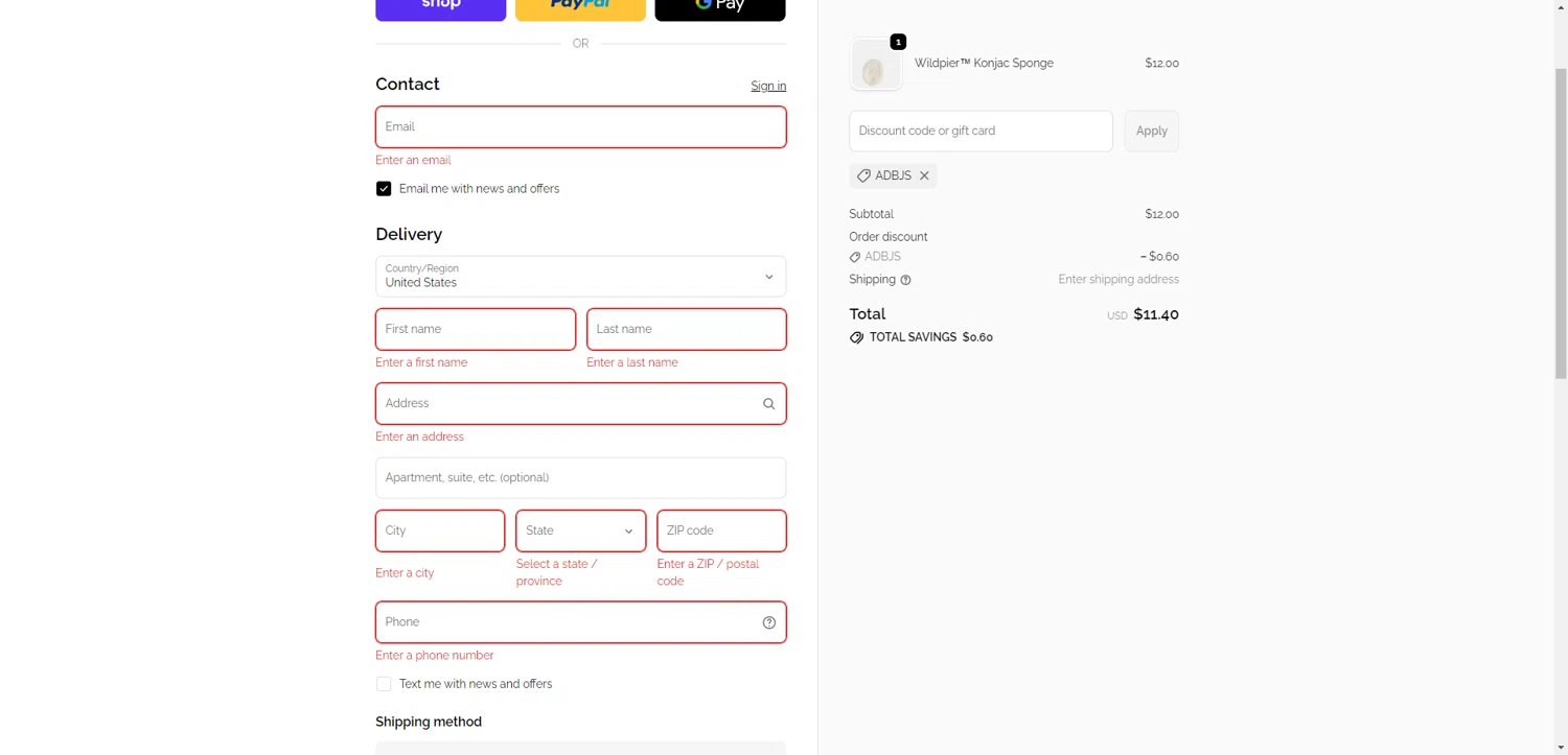 Wildpier Beauty checkout page showing Wildpier Beauty promo code box | Screenshot taken by SimplyCodes community member on Feb 11, 2026