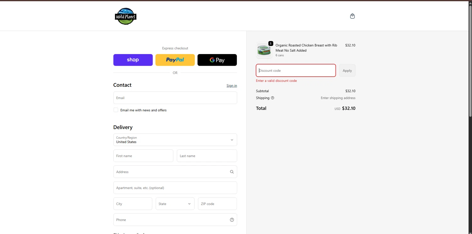 Wild Planet discount code screenshot showing code WILDCS1025-11N applied at Wild Planet checkout page. Uploaded by SimplyCodes community member CouponPro7532 on Dec 5, 2025