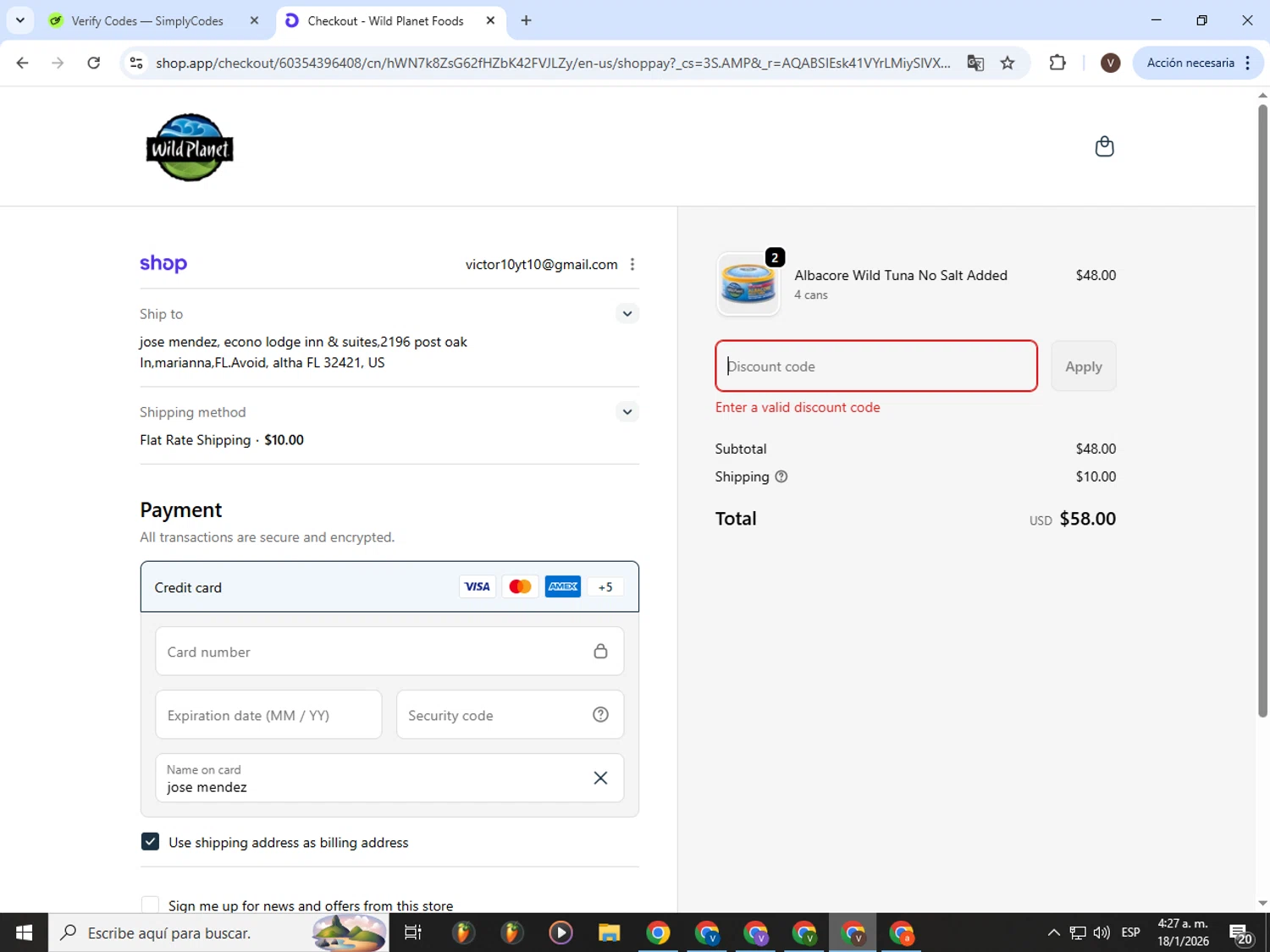 Wild Planet discount code screenshot showing code NEWYEAR26 applied at Wild Planet checkout page. Uploaded by SimplyCodes community member CashLion3448 on Jan 18, 2026
