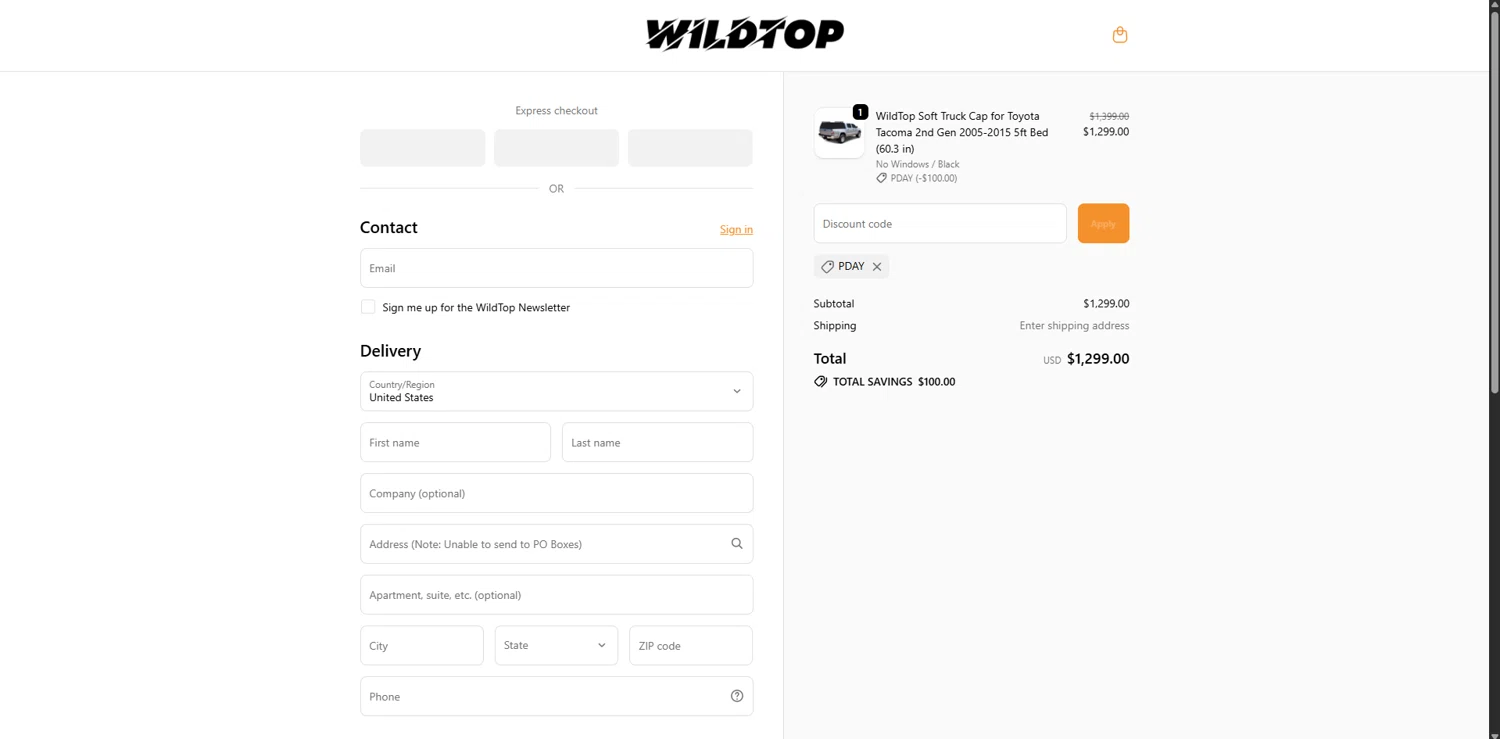 WildTop promo code screenshot showing code PDAY applied at WildTop checkout page. Uploaded by SimplyCodes community member RebatePioneer1295 on Feb 16, 2026