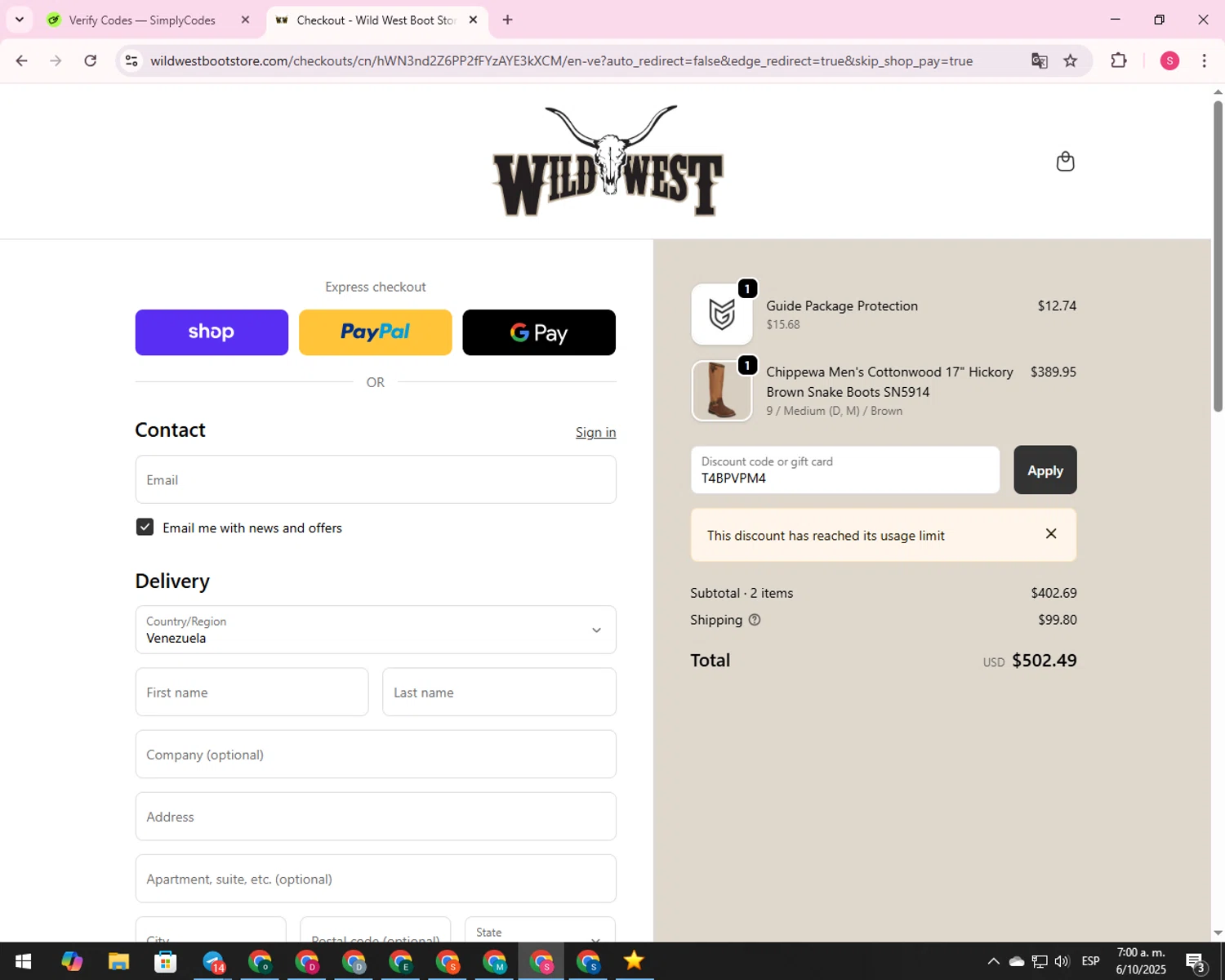 Wild West Boot Store discount code screenshot showing code T4BPVPM4 applied at Wild West Boot Store checkout page. Uploaded by SimplyCodes community member 00000056 on Oct 6, 2025