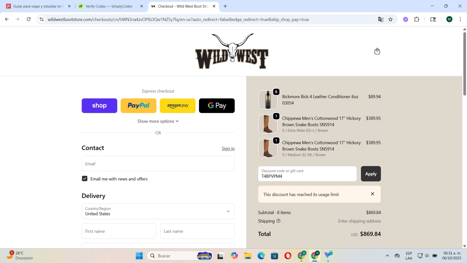 Wild West Boot Store discount code screenshot showing code T4BPVPM4 applied at Wild West Boot Store checkout page. Uploaded by SimplyCodes community member Tortu_1 on Oct 6, 2025