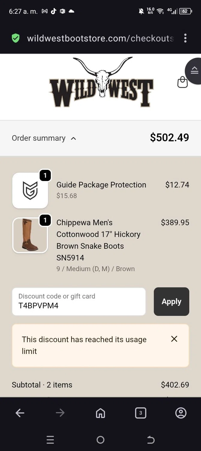 Wild West Boot Store discount code screenshot showing code T4BPVPM4 applied at Wild West Boot Store checkout page. Uploaded by SimplyCodes community member WiseScout4178 on Oct 6, 2025