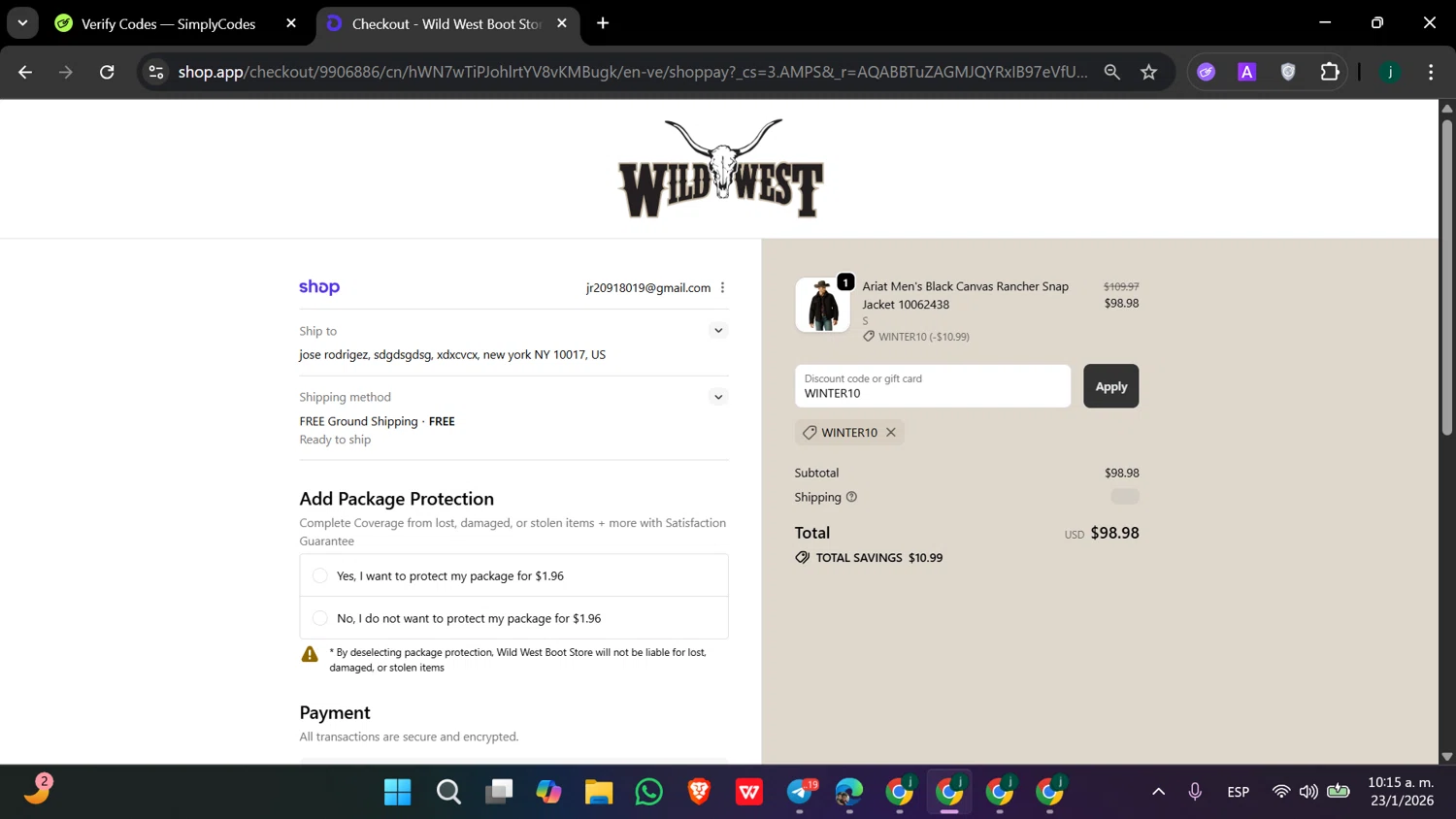 Wild West Boot Store discount code screenshot showing code WINTER10 applied at Wild West Boot Store checkout page. Uploaded by SimplyCodes community member hanzell2 on Jan 23, 2026