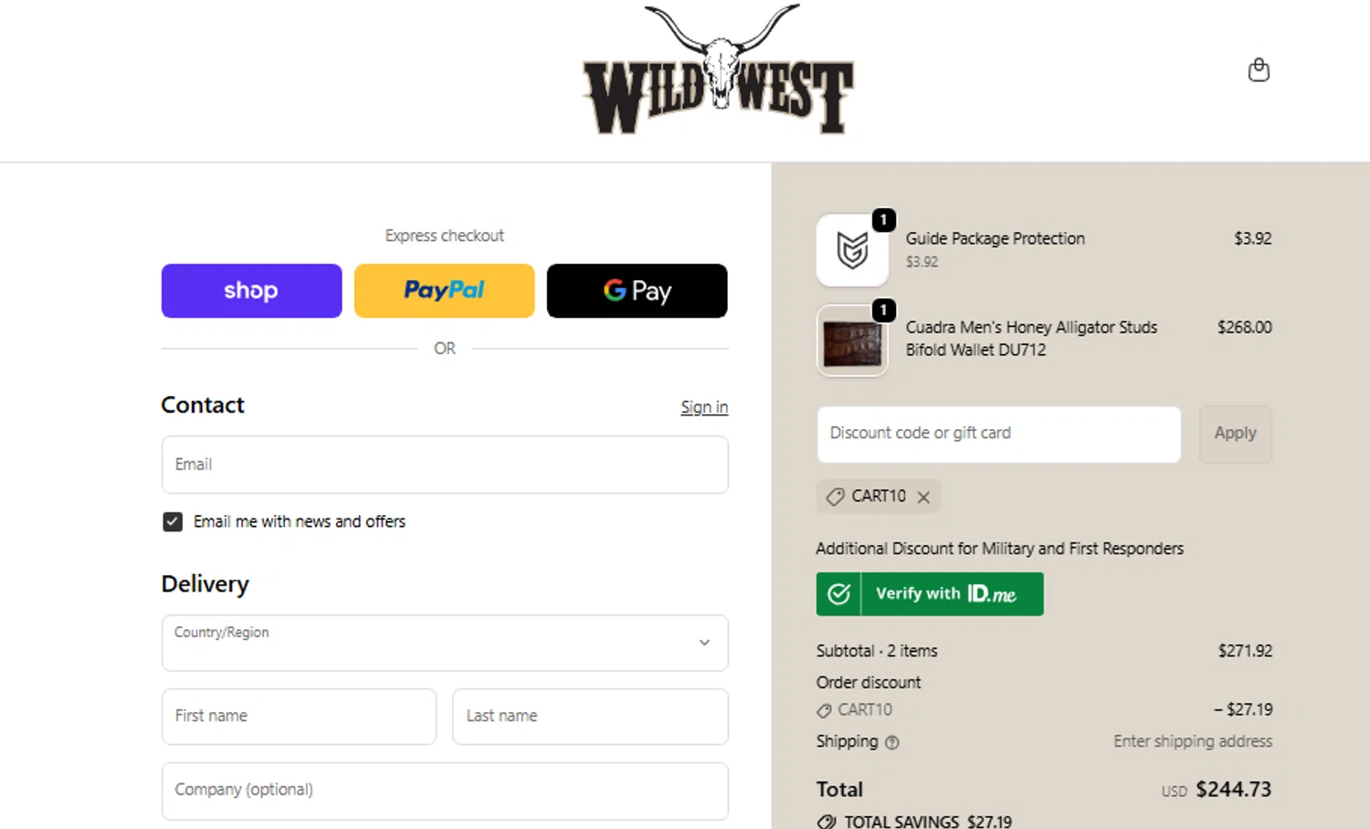 Wild West Boot Store discount code screenshot showing code CART10 applied at Wild West Boot Store checkout page. Uploaded by SimplyCodes community member Jhonny on Dec 20, 2025