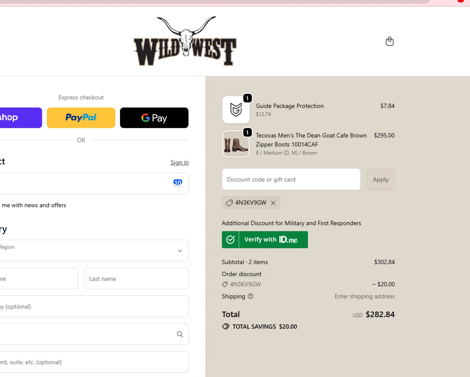 Wild West Boot Store discount code screenshot showing code 4N3KV9GW applied at Wild West Boot Store checkout page. Uploaded by SimplyCodes community member Westcoll on Feb 11, 2026