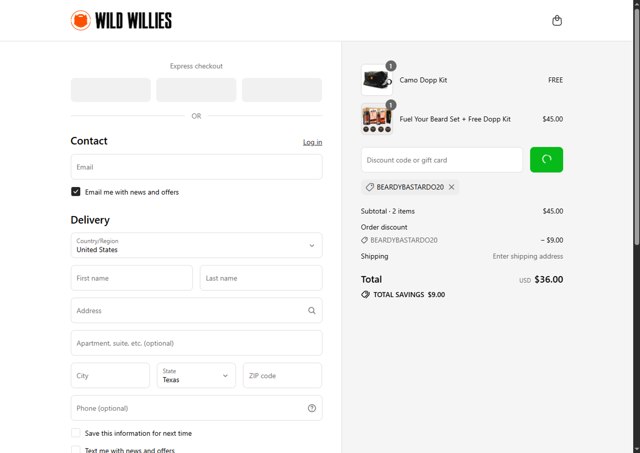 Wild Willies checkout page showing Wild Willies promo code box | Screenshot taken by SimplyCodes community member on Sep 2, 2025