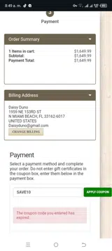 SAVE10 coupon verification screenshot