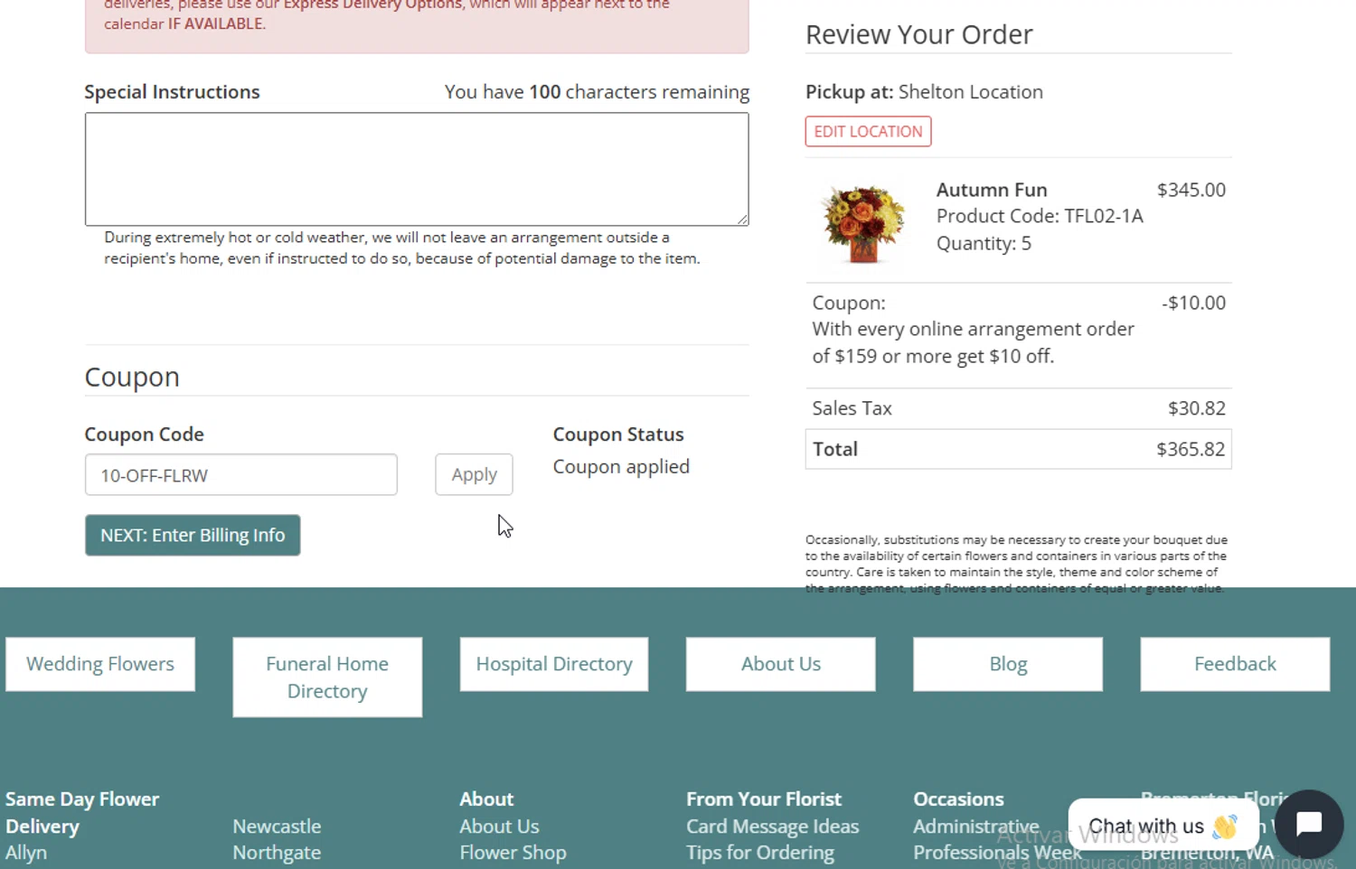 Williams Flower & Gift promo code screenshot showing code 10-OFF-FLRW applied at Williams Flower & Gift checkout page. Uploaded by SimplyCodes community member BudgetGuardian5712 on Oct 17, 2025