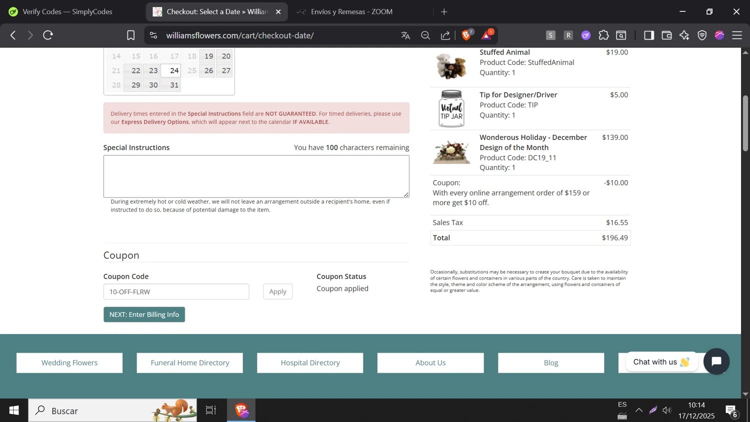 Williams Flower & Gift checkout page showing Williams Flower & Gift promo code box | Screenshot taken by SimplyCodes community member on Dec 17, 2025