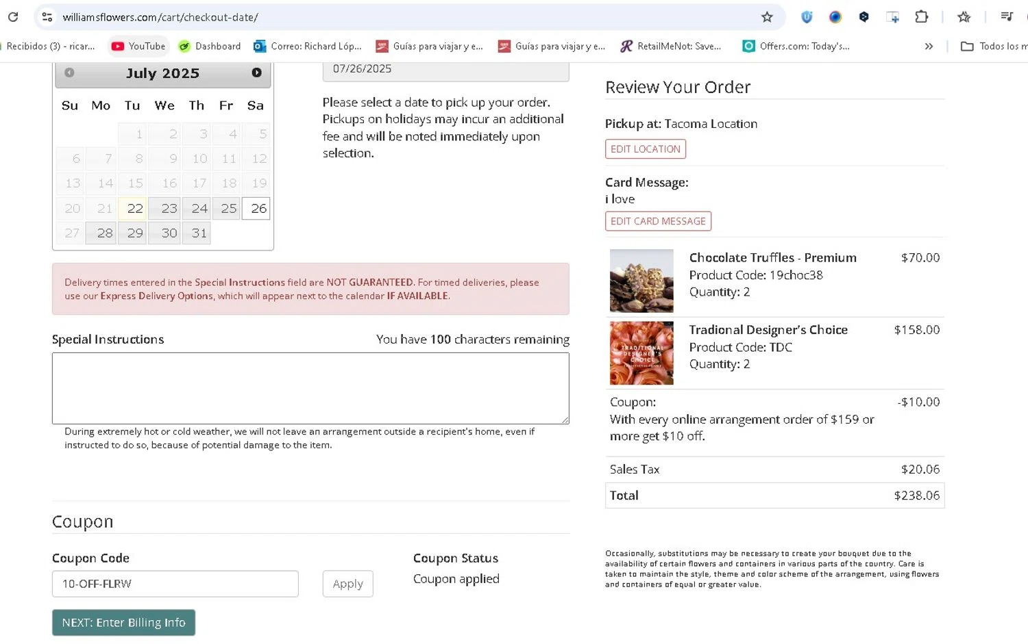 Williams Flower & Gift promo code screenshot showing code 10-OFF-FLRW applied at Williams Flower & Gift checkout page. Uploaded by SimplyCodes community member LAMINEJAMAL on Jul 22, 2025