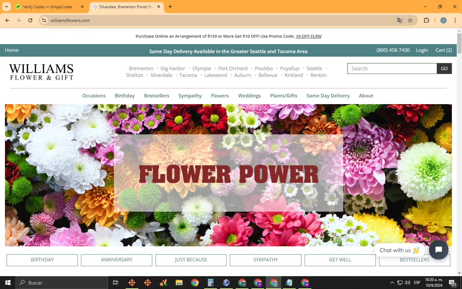 Williams Flower & Gift checkout page showing Williams Flower & Gift promo code box | Screenshot taken by SimplyCodes community member on Sep 10, 2024