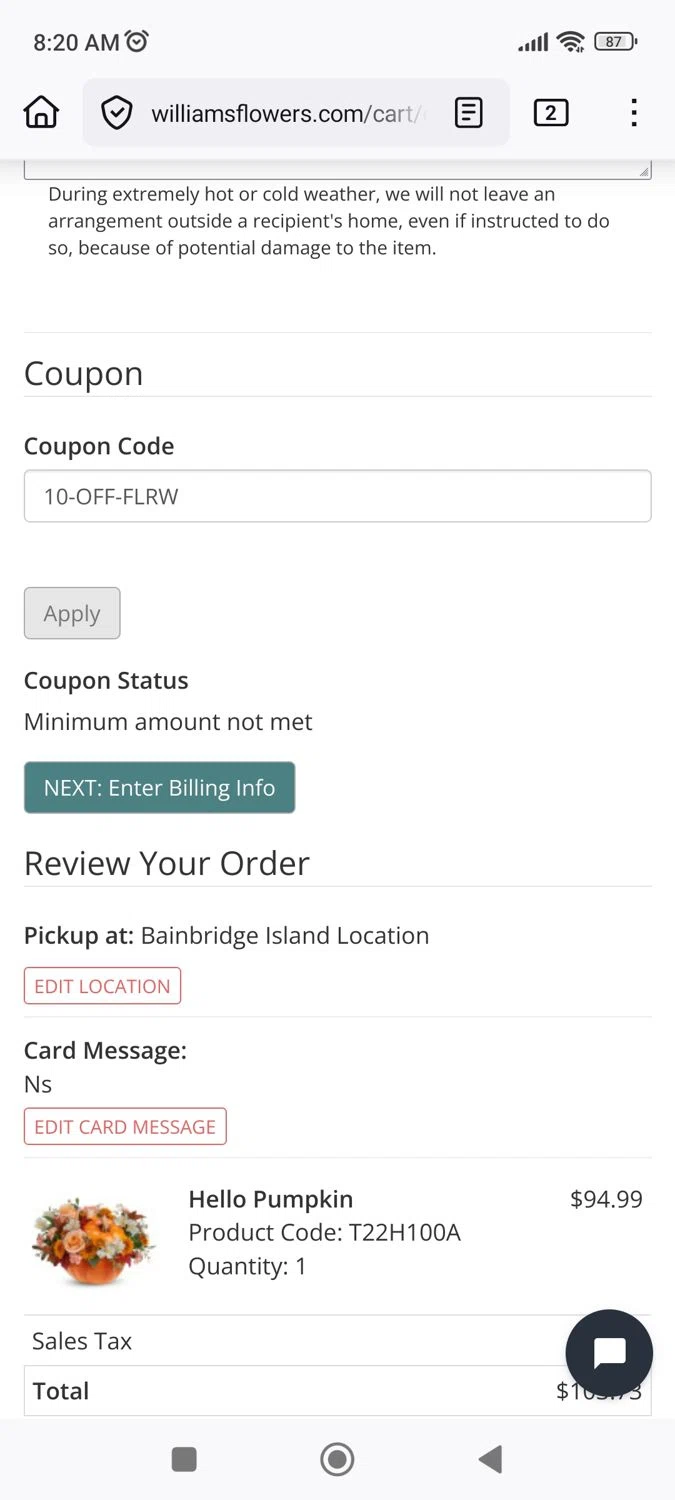Williams Flower & Gift promo code screenshot showing code 10-OFF-FLRW applied at Williams Flower & Gift checkout page. Uploaded by SimplyCodes community member Phoenix585 on Oct 17, 2025