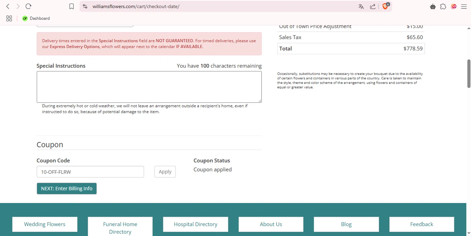 Williams Flower & Gift checkout page showing Williams Flower & Gift promo code box | Screenshot taken by SimplyCodes community member on Apr 8, 2025
