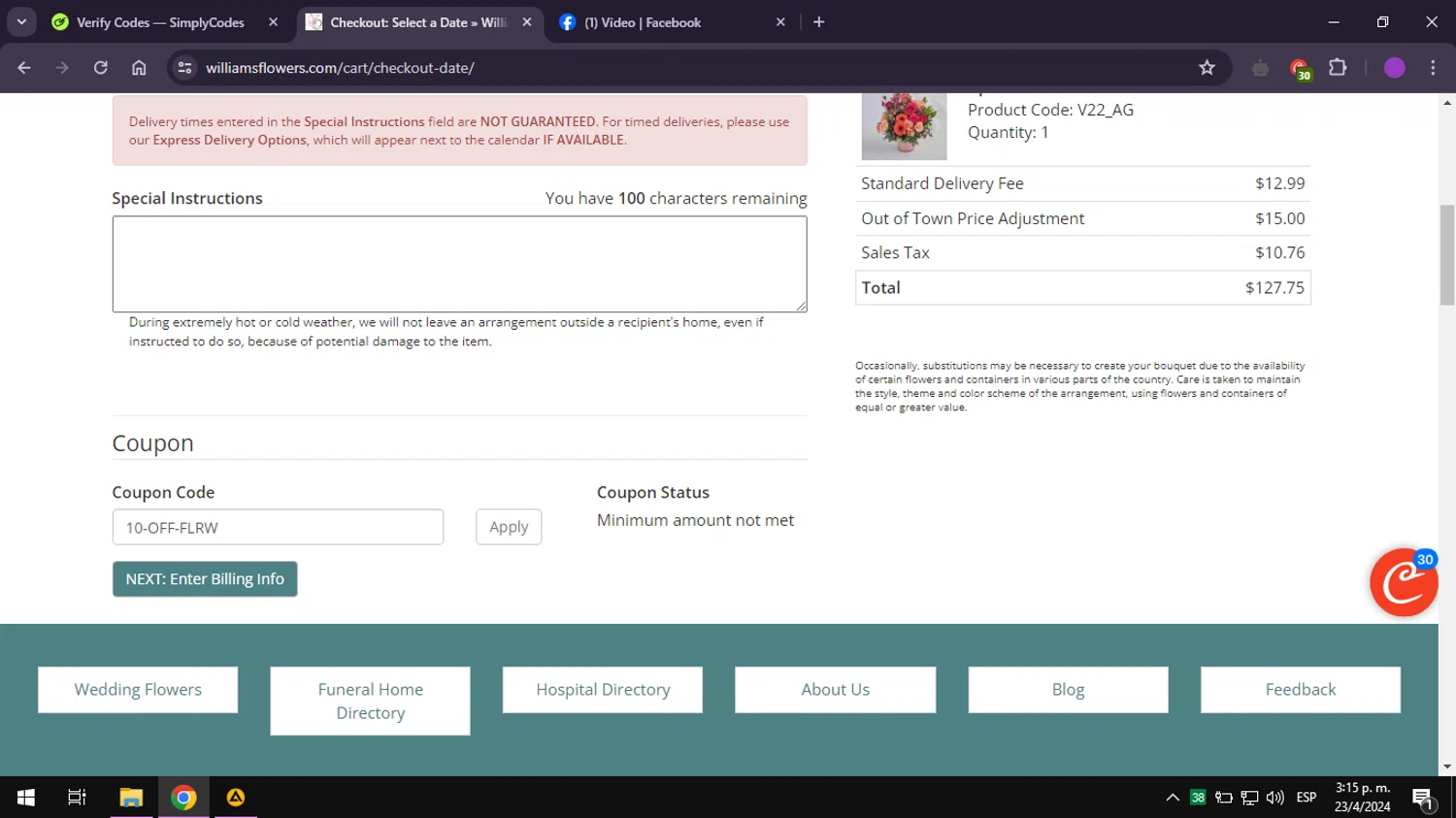 Williams Flower & Gift checkout page showing Williams Flower & Gift promo code box | Screenshot taken by SimplyCodes community member on Apr 23, 2024
