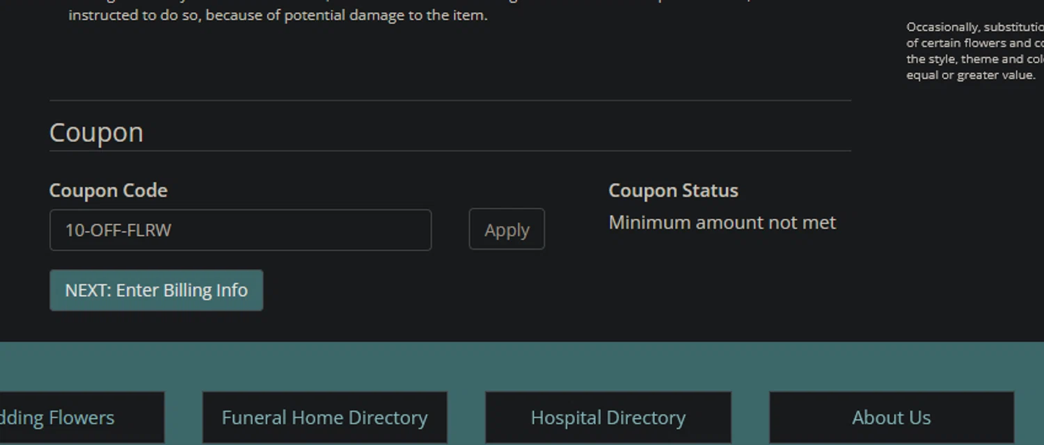 Williams Flower & Gift checkout page showing Williams Flower & Gift promo code box | Screenshot taken by SimplyCodes community member on May 7, 2025