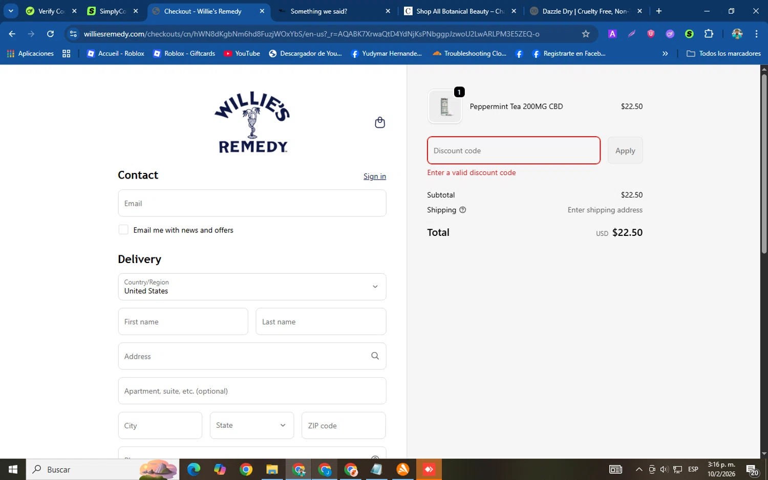 Willie's Remedy discount code screenshot showing code REMEDYNEWS20 applied at Willie's Remedy checkout page. Uploaded by SimplyCodes community member helicoide on Feb 10, 2026