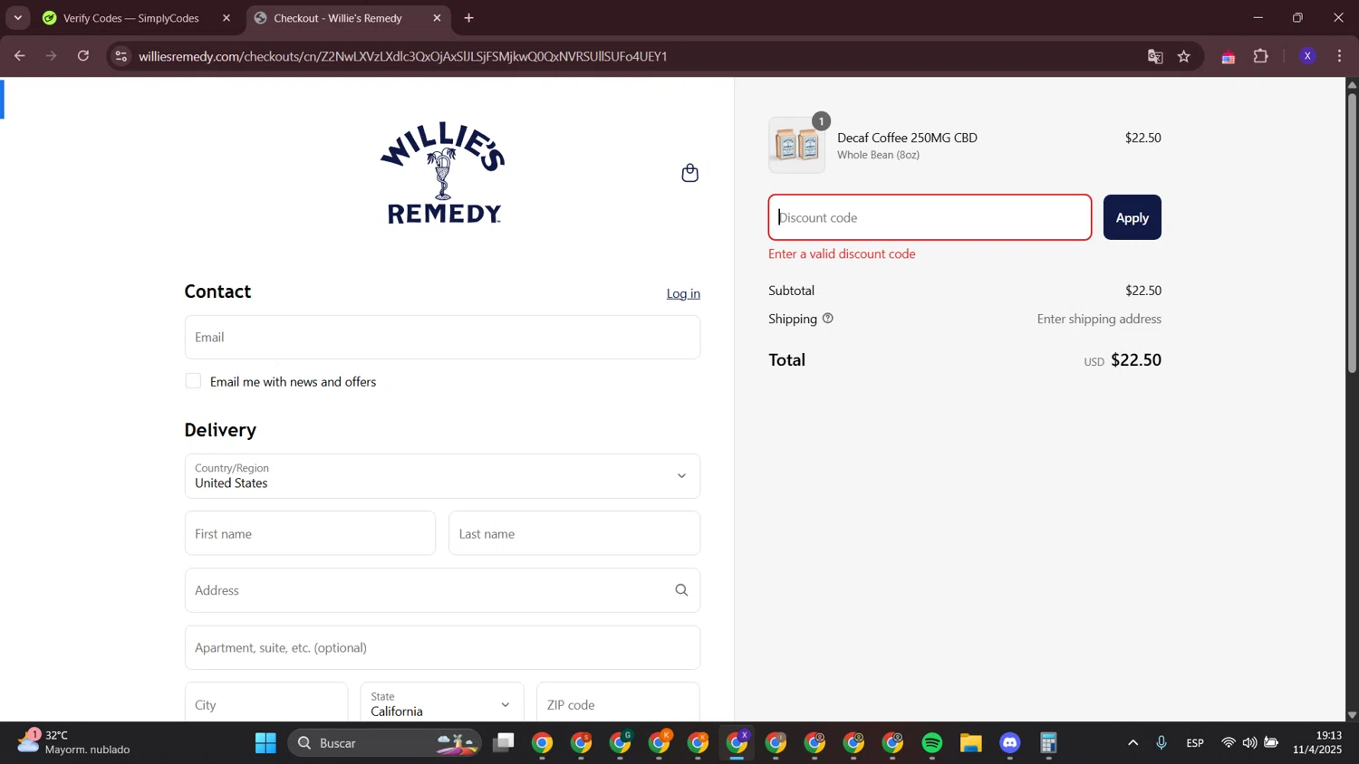 Willie's Remedy discount code screenshot showing code WELCOME10 applied at Willie's Remedy checkout page. Uploaded by SimplyCodes community member LewisHamilton on Apr 11, 2025