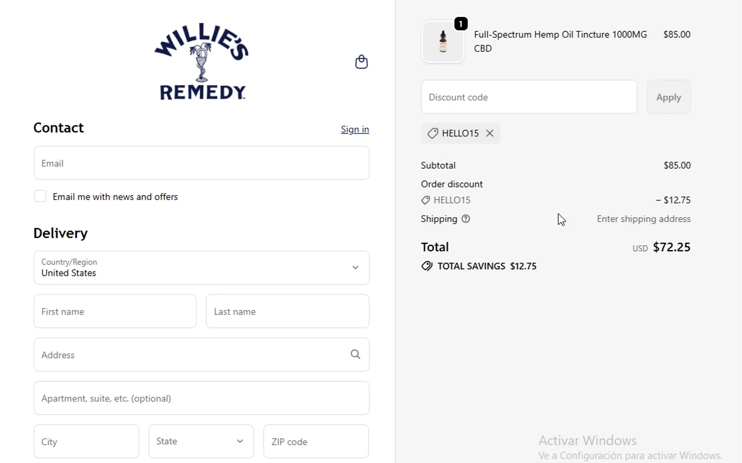 Willie's Remedy discount code screenshot showing code HELLO15 applied at Willie's Remedy checkout page. Uploaded by SimplyCodes community member BudgetGuardian5712 on Jan 7, 2026