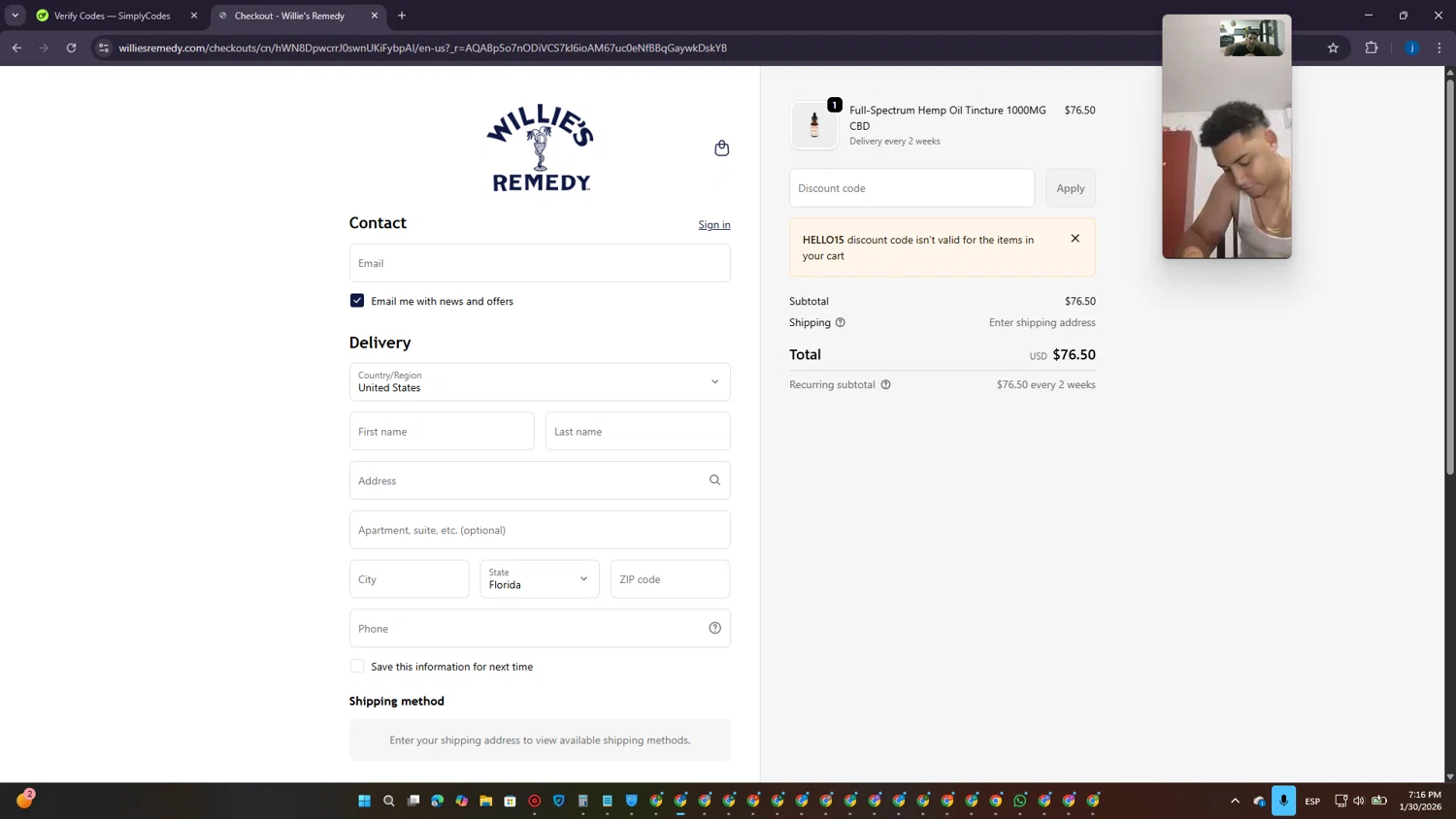 Willie's Remedy checkout page showing Willie's Remedy discount code box | Screenshot taken by SimplyCodes community member on Jan 30, 2026