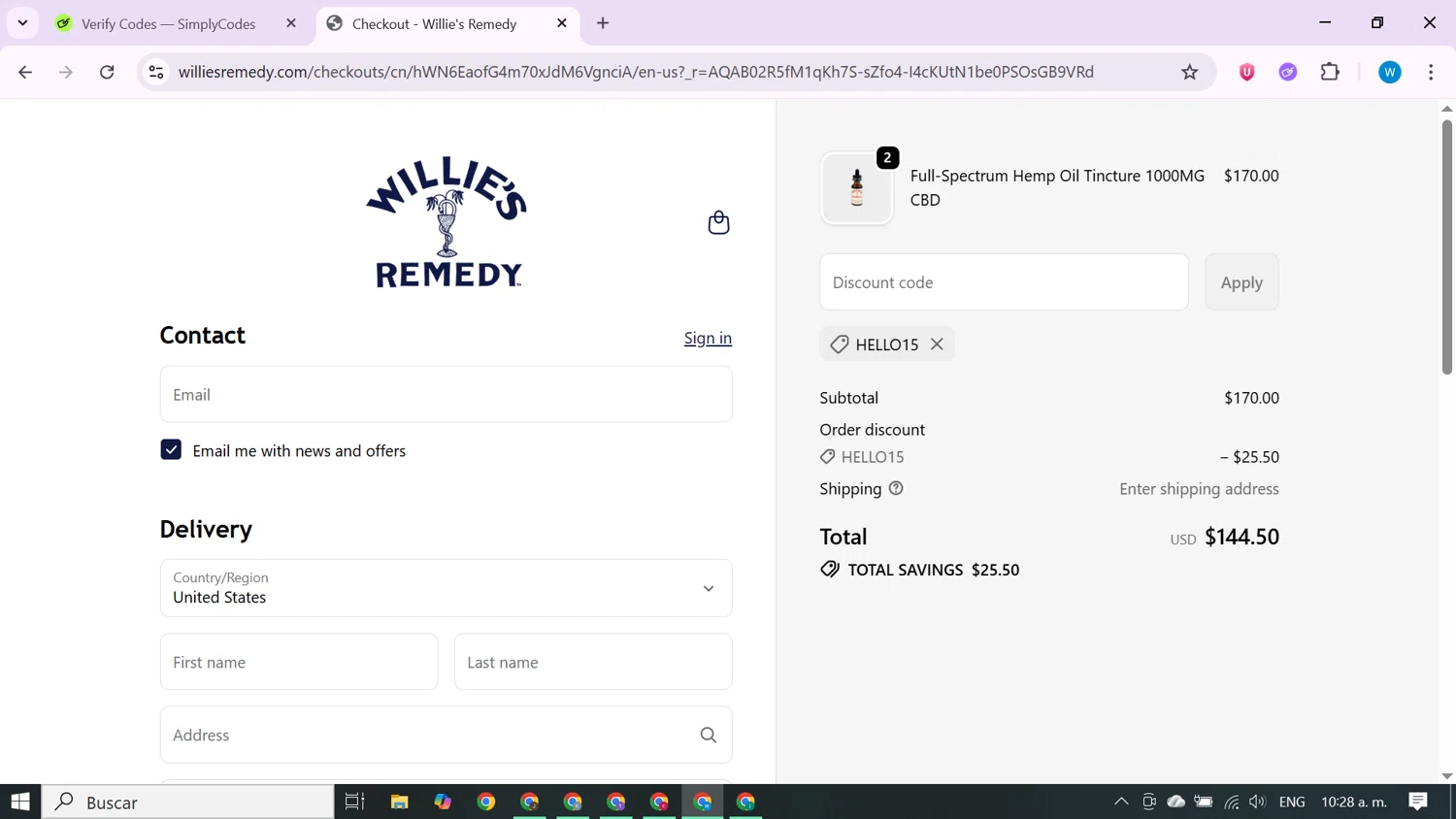 Willie's Remedy discount code screenshot showing code HELLO15 applied at Willie's Remedy checkout page. Uploaded by SimplyCodes community member CrownShopper7142 on Dec 9, 2025