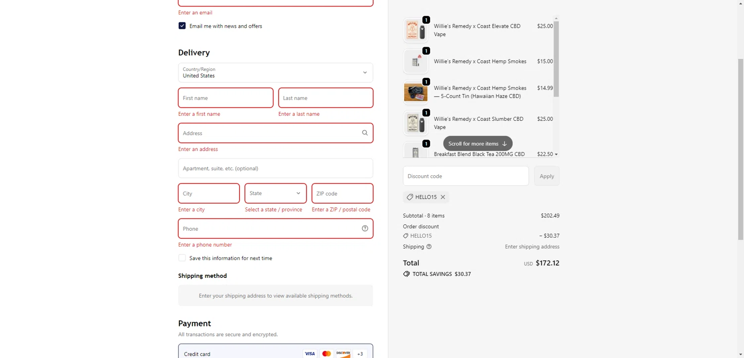 Willie's Remedy discount code screenshot showing code HELLO15 applied at Willie's Remedy checkout page. Uploaded by SimplyCodes community member SilverChaser3269 on Dec 14, 2025