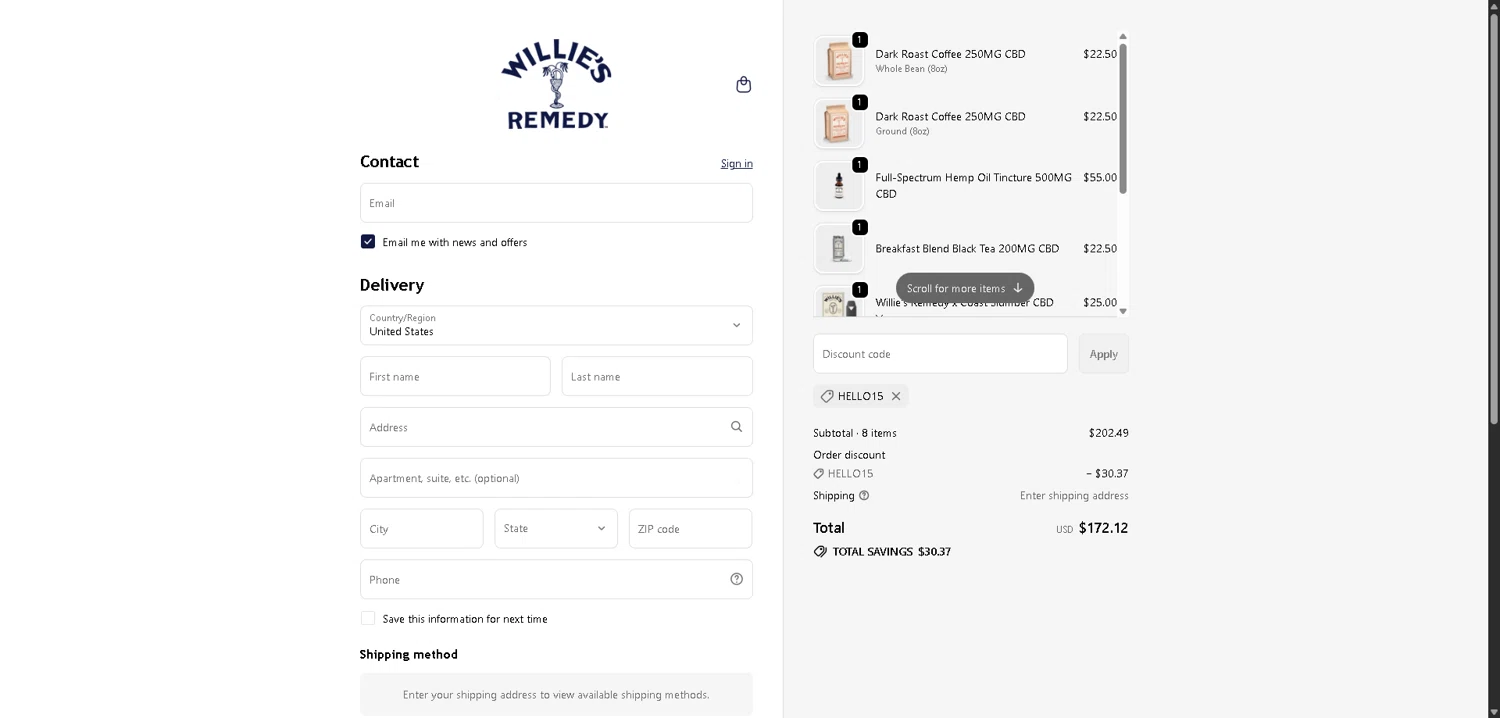 Willie's Remedy checkout page showing Willie's Remedy discount code box | Screenshot taken by SimplyCodes community member on Feb 3, 2026