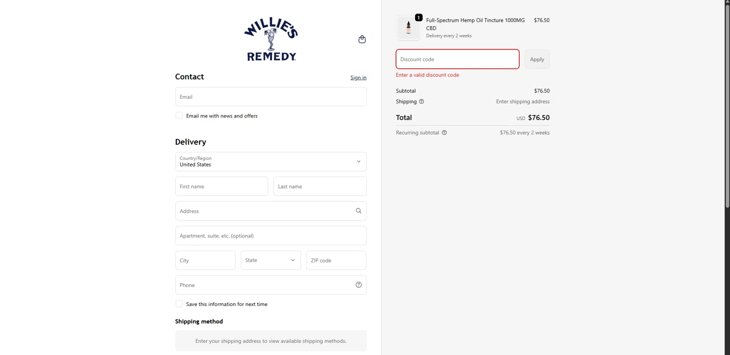 Willie's Remedy discount code screenshot showing code BABSI10 applied at Willie's Remedy checkout page. Uploaded by SimplyCodes community member Carlosramirez09 on Nov 28, 2025