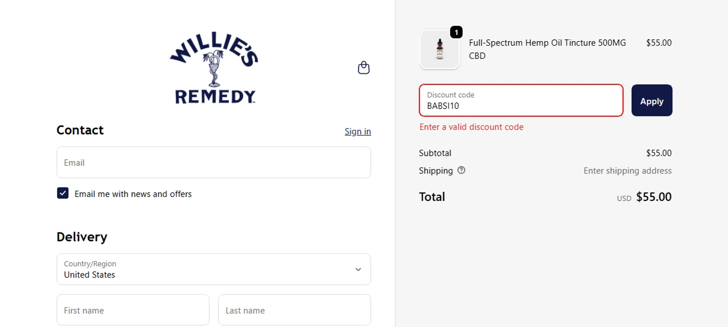 Willie's Remedy discount code screenshot showing code BABSI10 applied at Willie's Remedy checkout page. Uploaded by SimplyCodes community member Myrulesmagazine23 on Nov 28, 2025