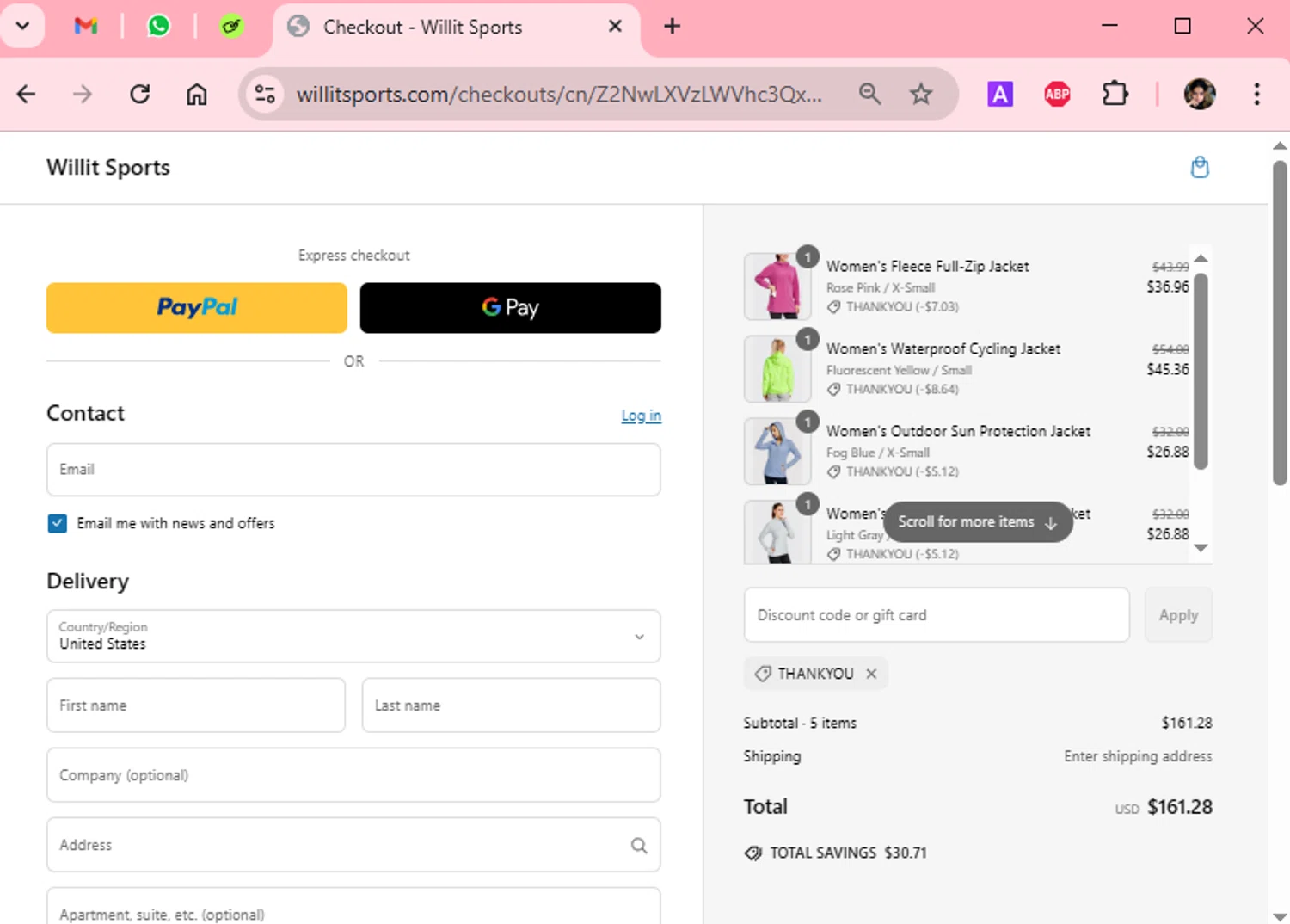 Willit Sports promo code screenshot showing code THANKYOU applied at Willit Sports checkout page. Uploaded by SimplyCodes community member Scarleth_2GGD on Mar 11, 2025