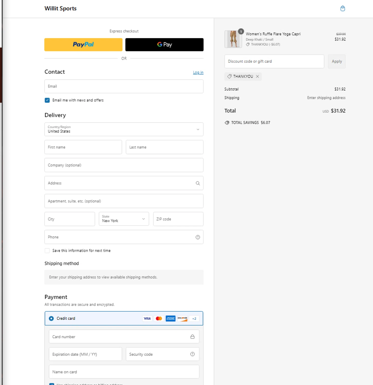 Willit Sports promo code screenshot showing code THANKYOU applied at Willit Sports checkout page. Uploaded by SimplyCodes community member Tortugasninja on Feb 18, 2025