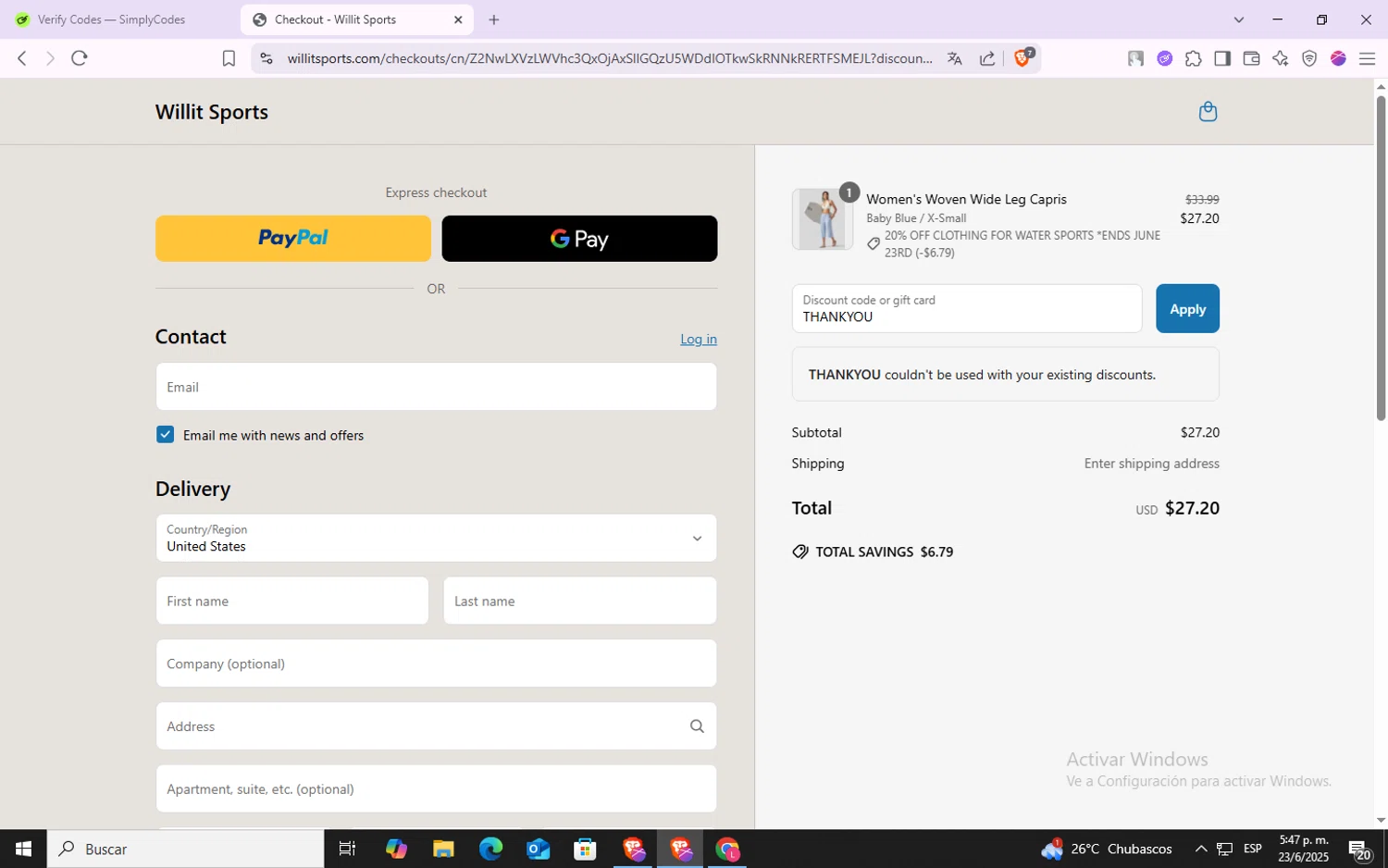 Willit Sports promo code screenshot showing code THANKYOU applied at Willit Sports checkout page. Uploaded by SimplyCodes community member VoucherSpotter6910 on Jun 23, 2025