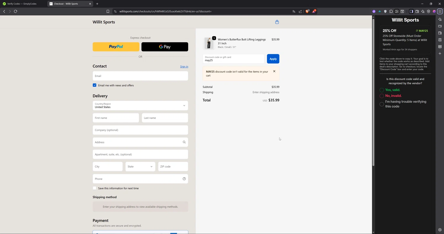 Willit Sports promo code screenshot showing code may25 applied at Willit Sports checkout page. Uploaded by SimplyCodes community member Cbombis on Oct 20, 2025