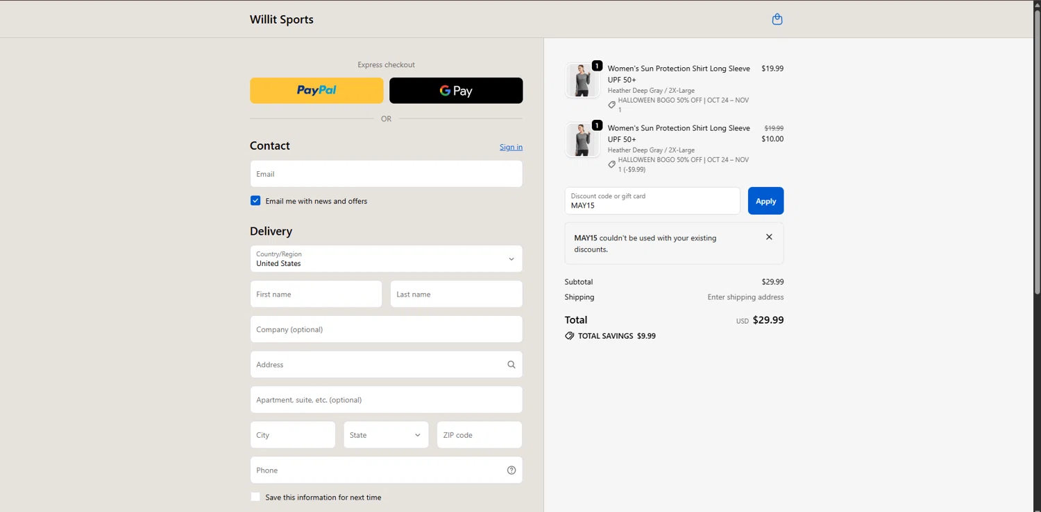 Willit Sports promo code screenshot showing code MAY15 applied at Willit Sports checkout page. Uploaded by SimplyCodes community member MagnificentTitan8616 on Oct 24, 2025