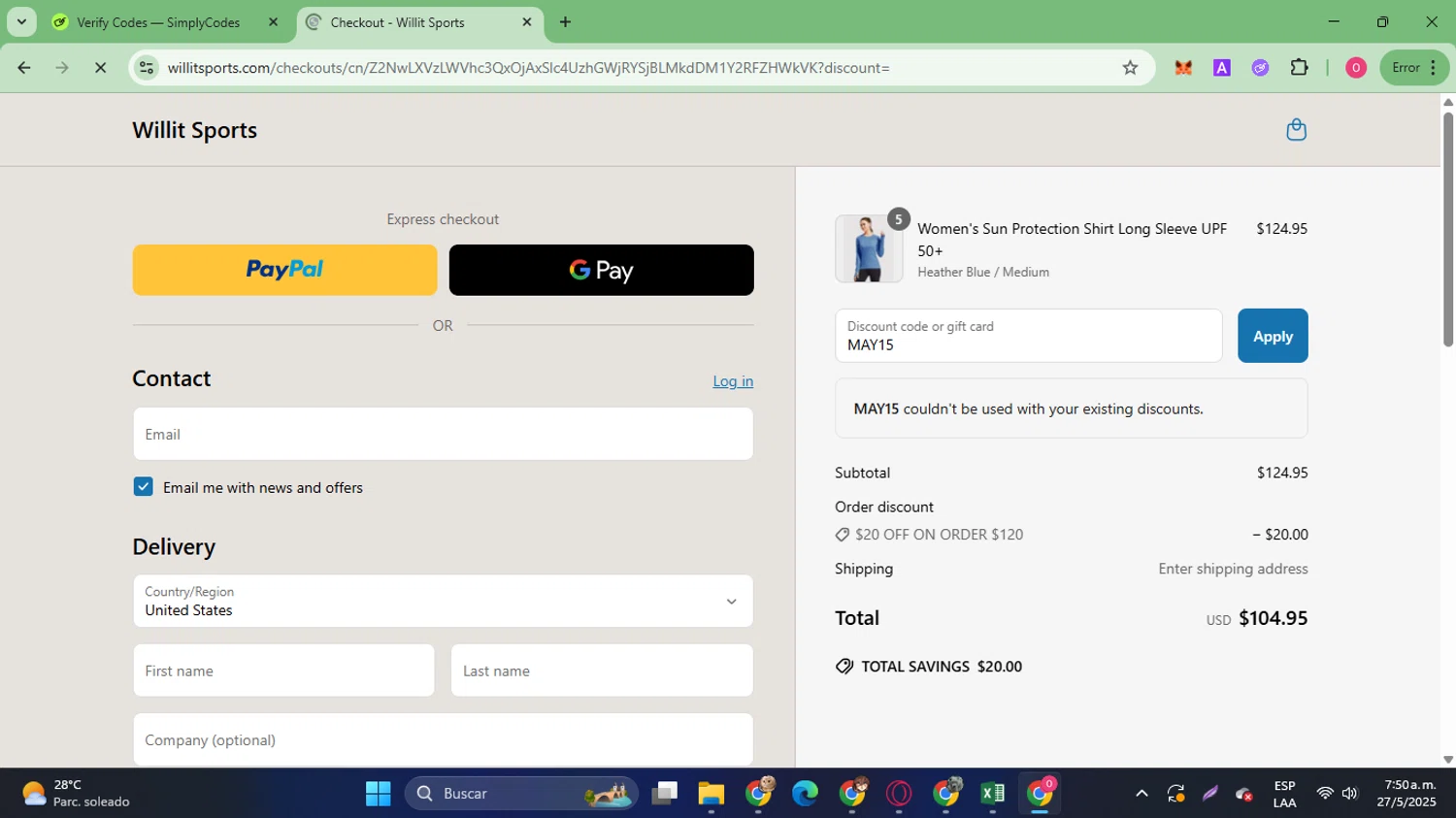 Willit Sports promo code screenshot showing code MAY15 applied at Willit Sports checkout page. Uploaded by SimplyCodes community member SilverVirtuoso7221 on May 27, 2025